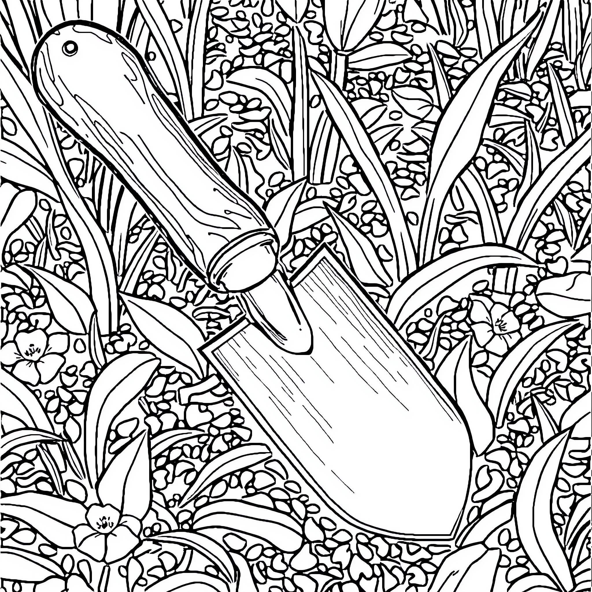 Trowel digging in the garden surrounded by flowers Coloring Page (free black-and-white line drawing printable PDF for all, from beginners to advanced learners, including children, teens, adults, and seniors)
