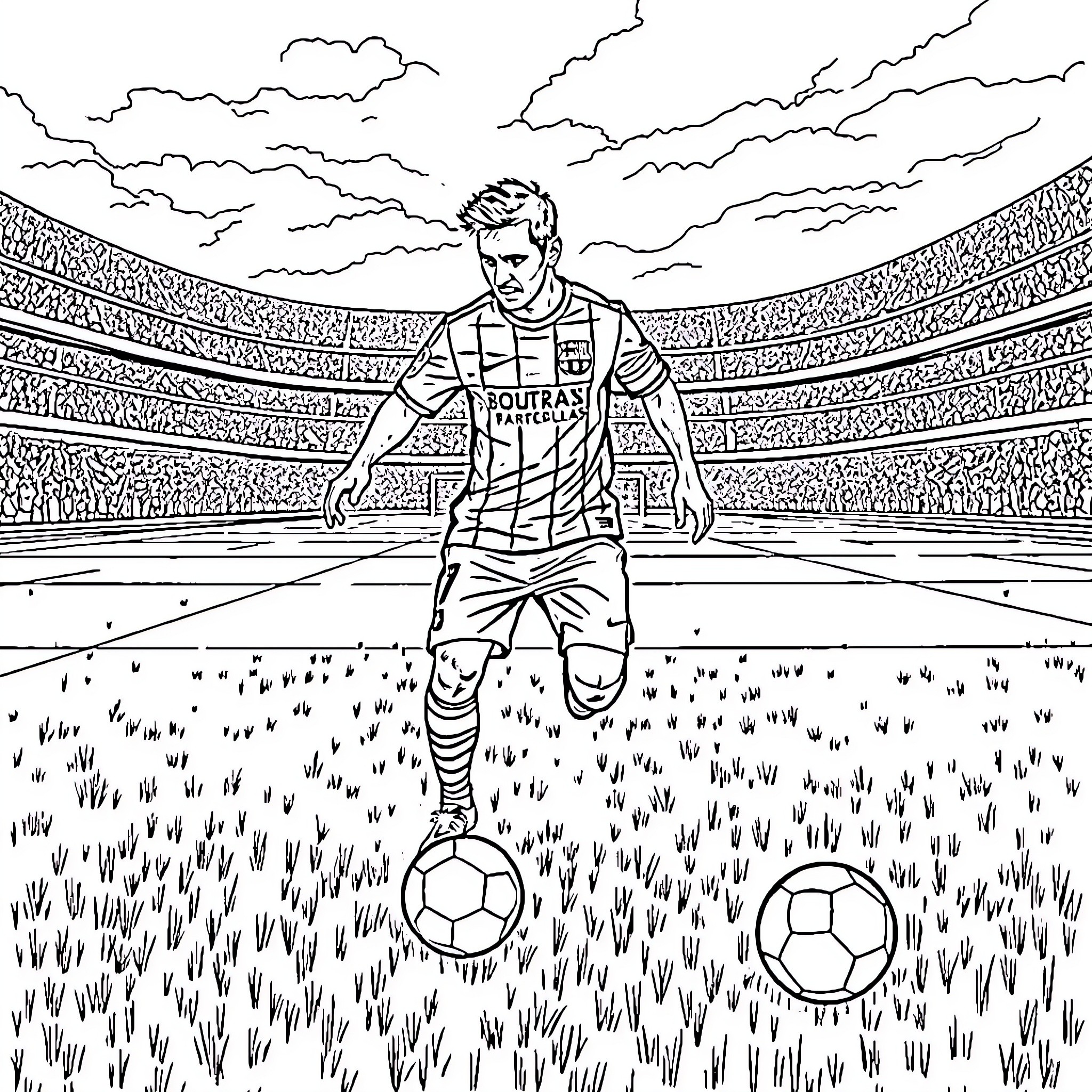 Messi dribbling with passion on the soccer field Coloring Page (free black-and-white line drawing printable PDF for all, from beginners to advanced learners, including children, teens, adults, and seniors)