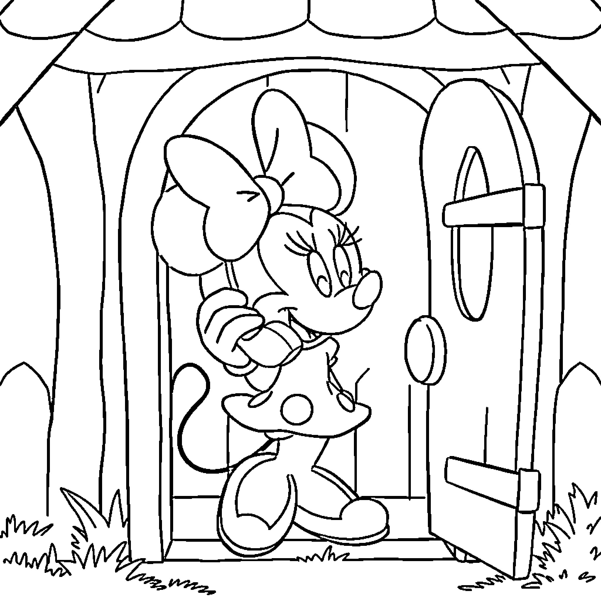 Minnie Mouse exploring a whimsical cottage Coloring Page (free black-and-white line drawing printable PDF for all, from beginners to advanced learners, including children, teens, adults, and seniors)