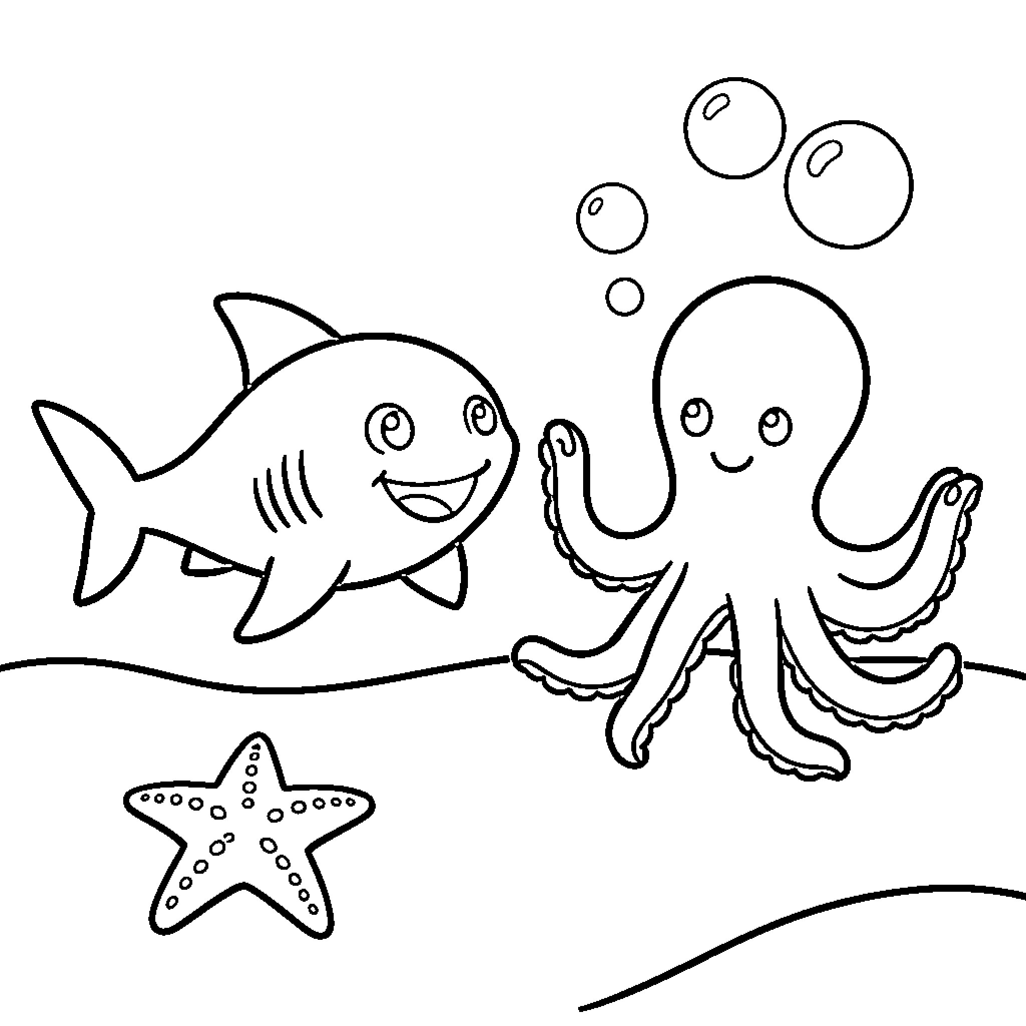 Shark smiling and interacting with a friendly octopus Coloring Page (free black-and-white line drawing printable PDF for all, from beginners to advanced learners, including children, teens, adults, and seniors)