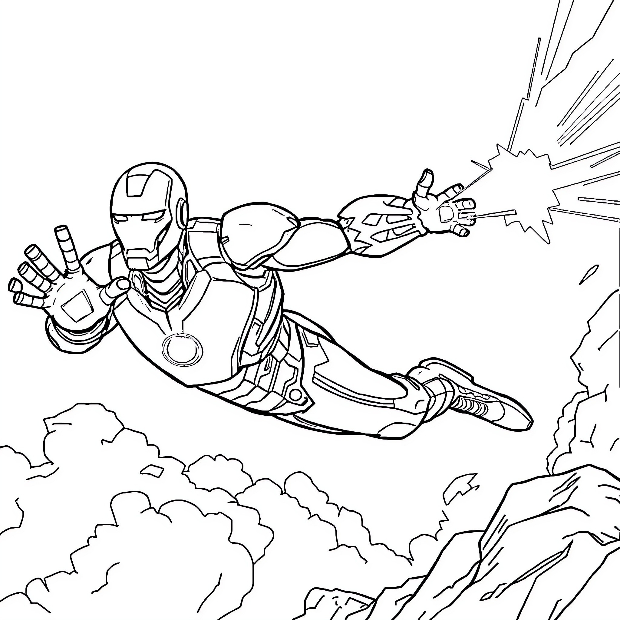 Iron Man in high-speed aerial maneuvers Coloring Page (free black-and-white line drawing printable PDF for all, from beginners to advanced learners, including children, teens, adults, and seniors)