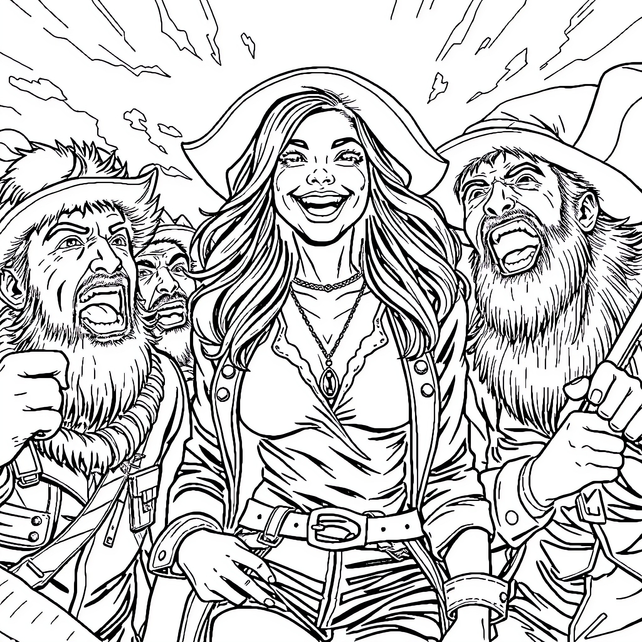 Woman surrounded by fierce looking men in costumes Coloring Page (free black-and-white line drawing printable PDF for all, from beginners to advanced learners, including children, teens, adults, and seniors)
