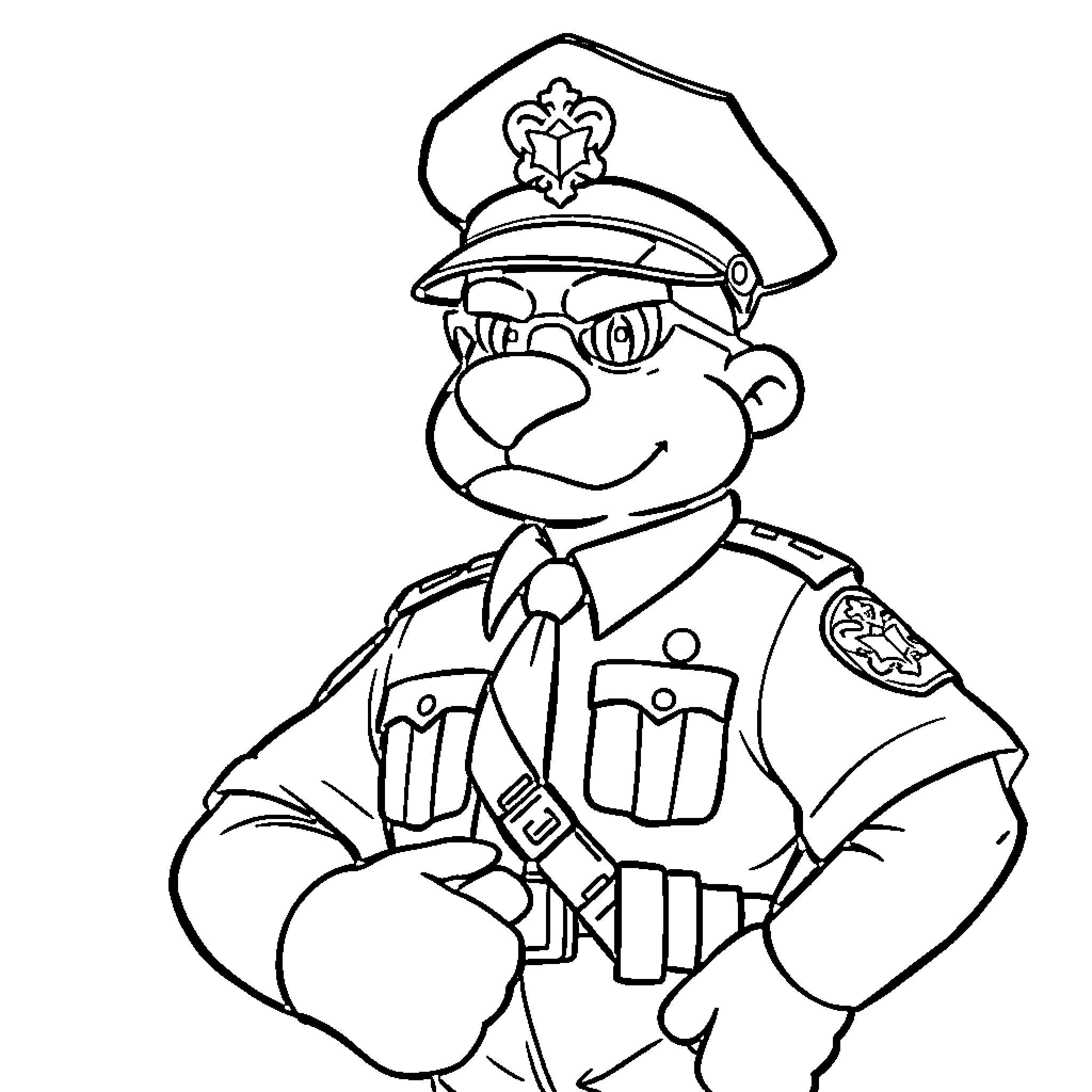 Condorito in police officer uniform Coloring Page (free black-and-white line drawing printable PDF for all, from beginners to advanced learners, including children, teens, adults, and seniors)