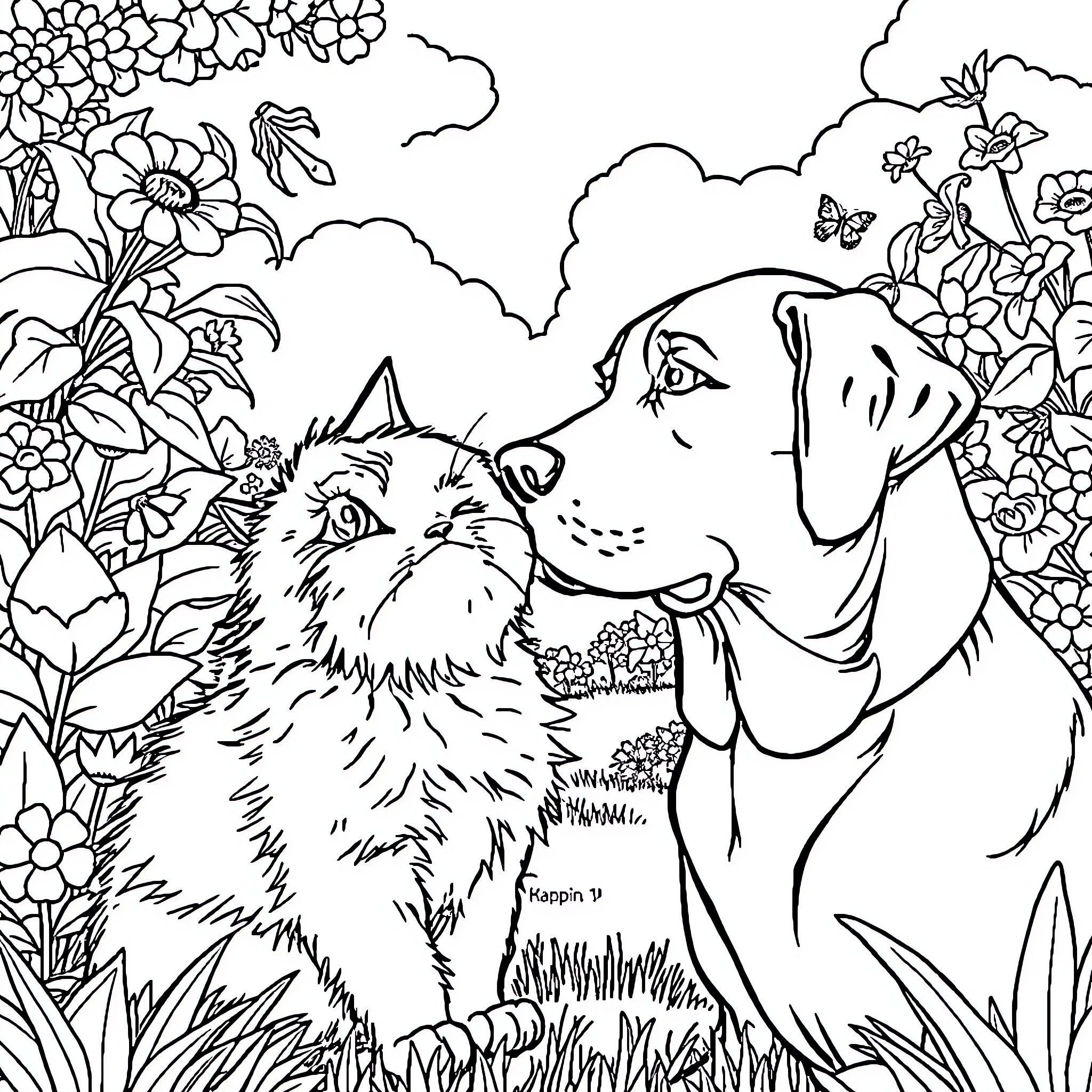 Cat and Dog in Floral Garden Coloring Page (free black-and-white line drawing printable PDF for all, from beginners to advanced learners, including children, teens, adults, and seniors)
