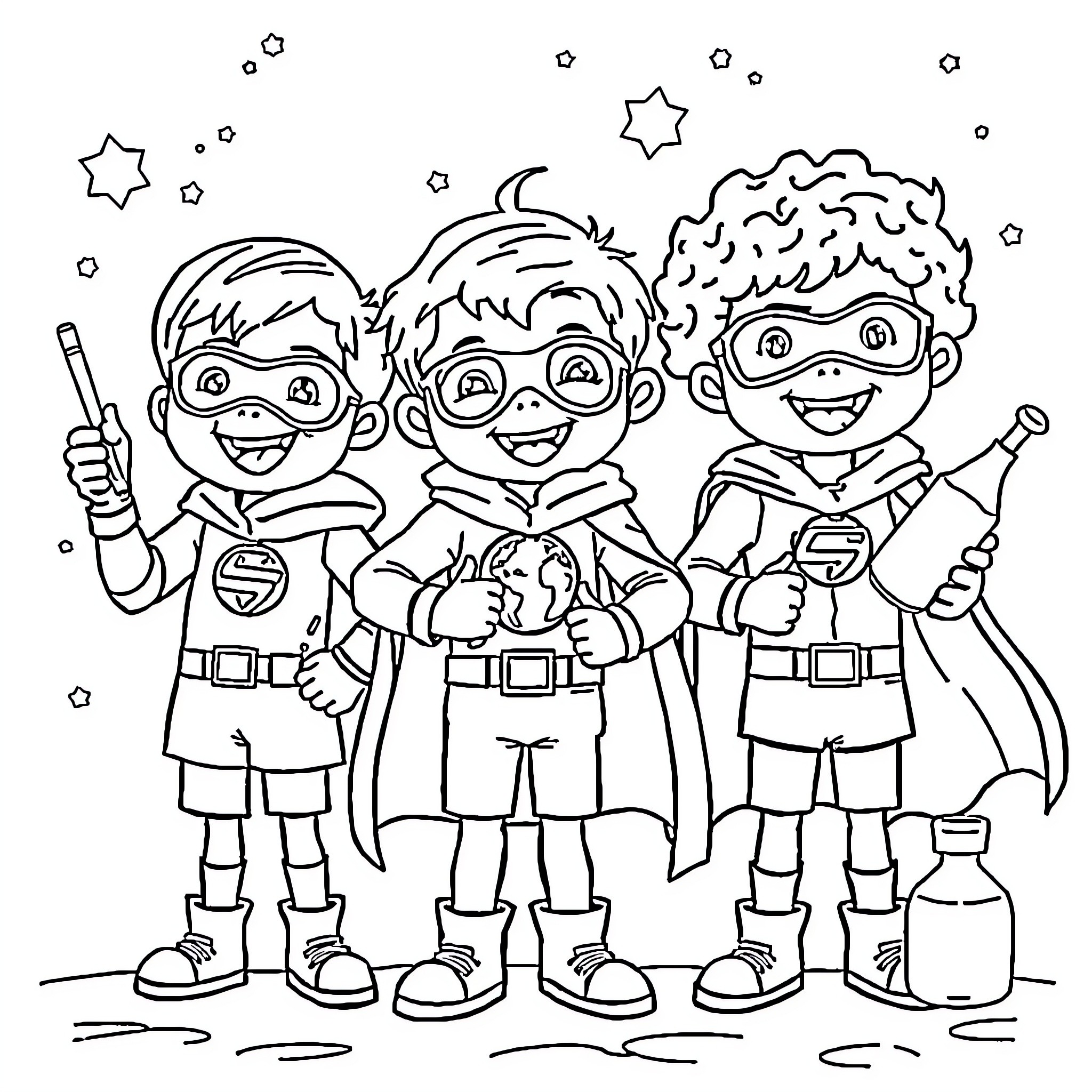 Child superheroes in action posing with excitement Coloring Page (free black-and-white line drawing printable PDF for all, from beginners to advanced learners, including children, teens, adults, and seniors)