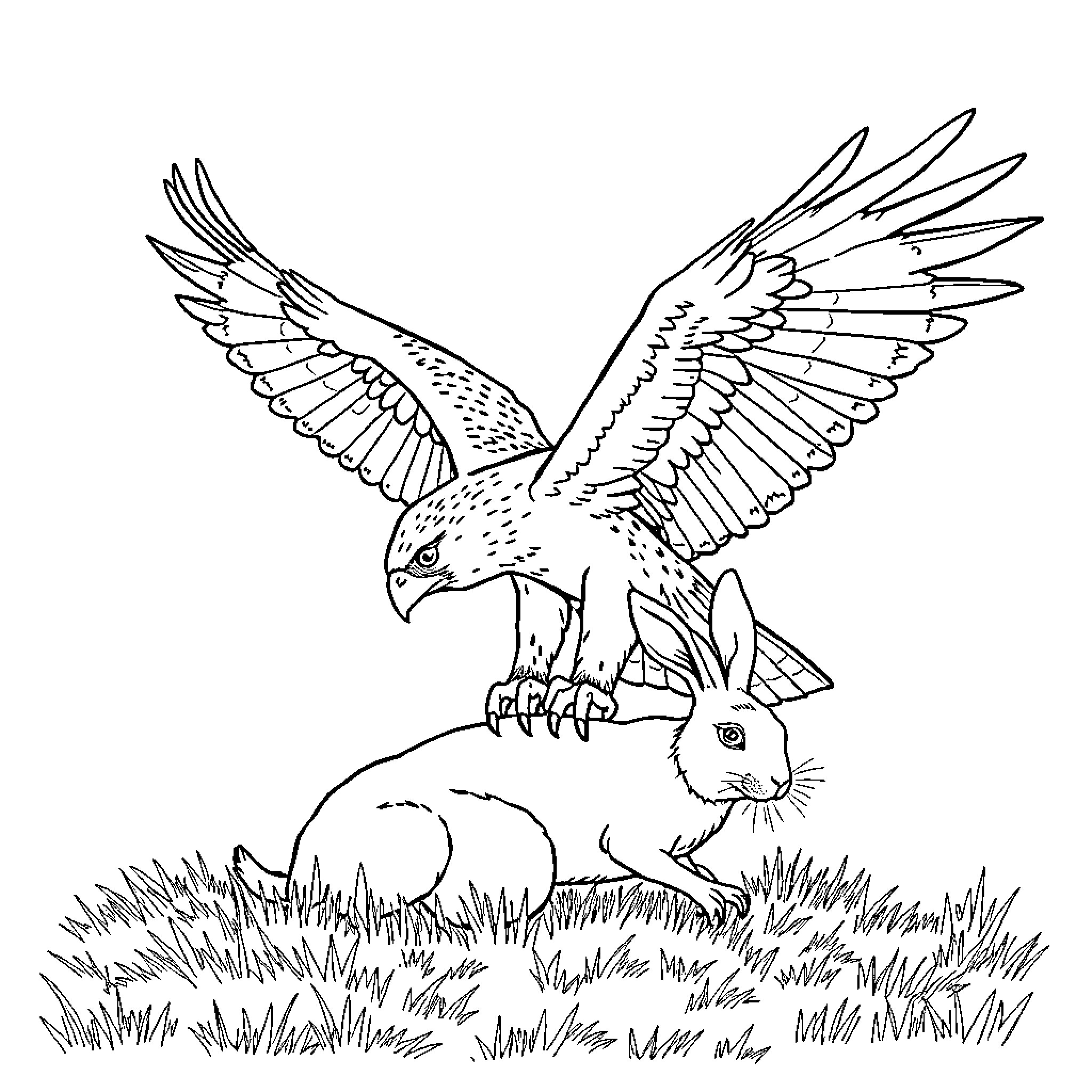 Hawk swooping down on a rabbit in the grass Coloring Page (free black-and-white line drawing printable PDF for all, from beginners to advanced learners, including children, teens, adults, and seniors)