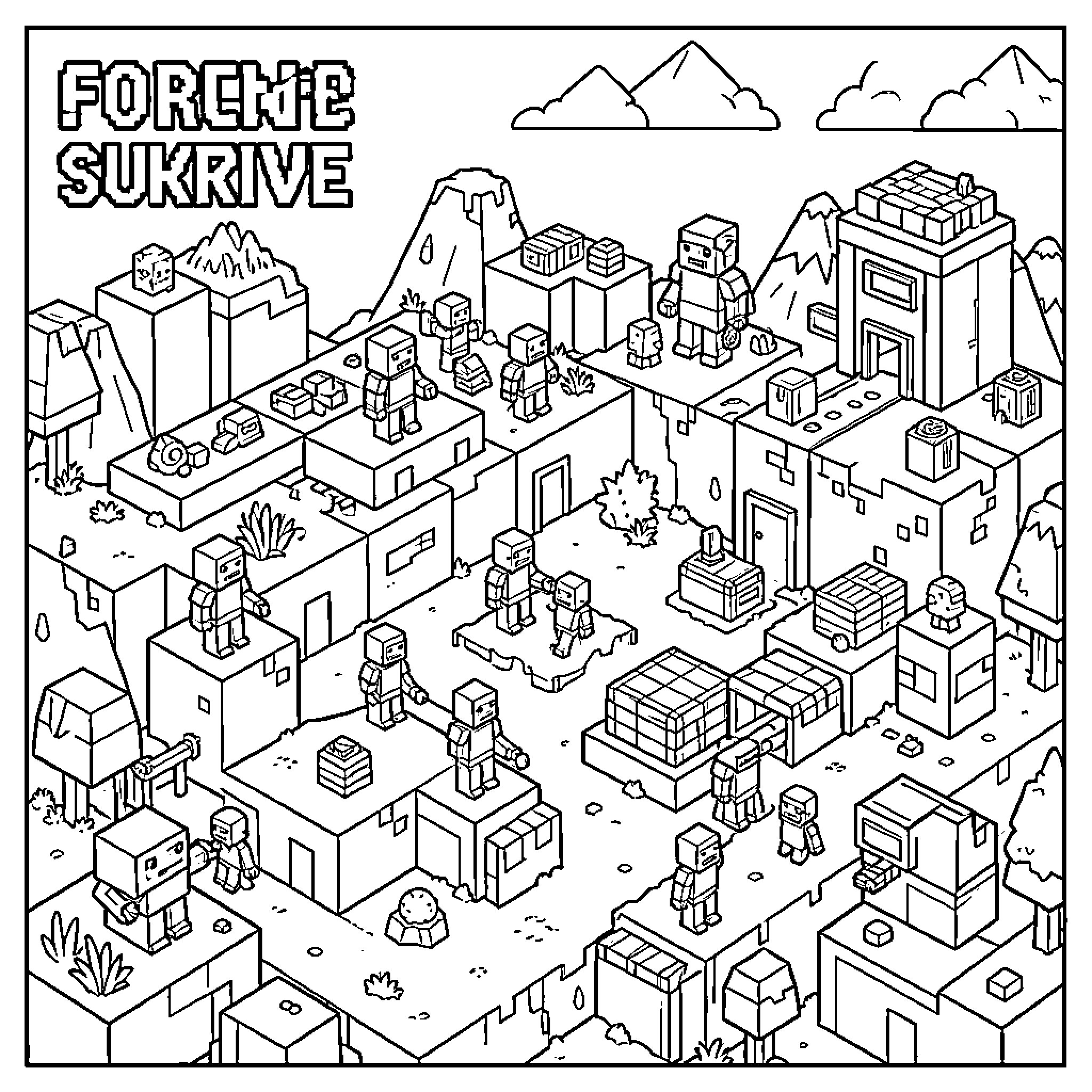 Minecraft characters exploring a blocky desert landscape Coloring Page (free black-and-white line drawing printable PDF for all, from beginners to advanced learners, including children, teens, adults, and seniors)