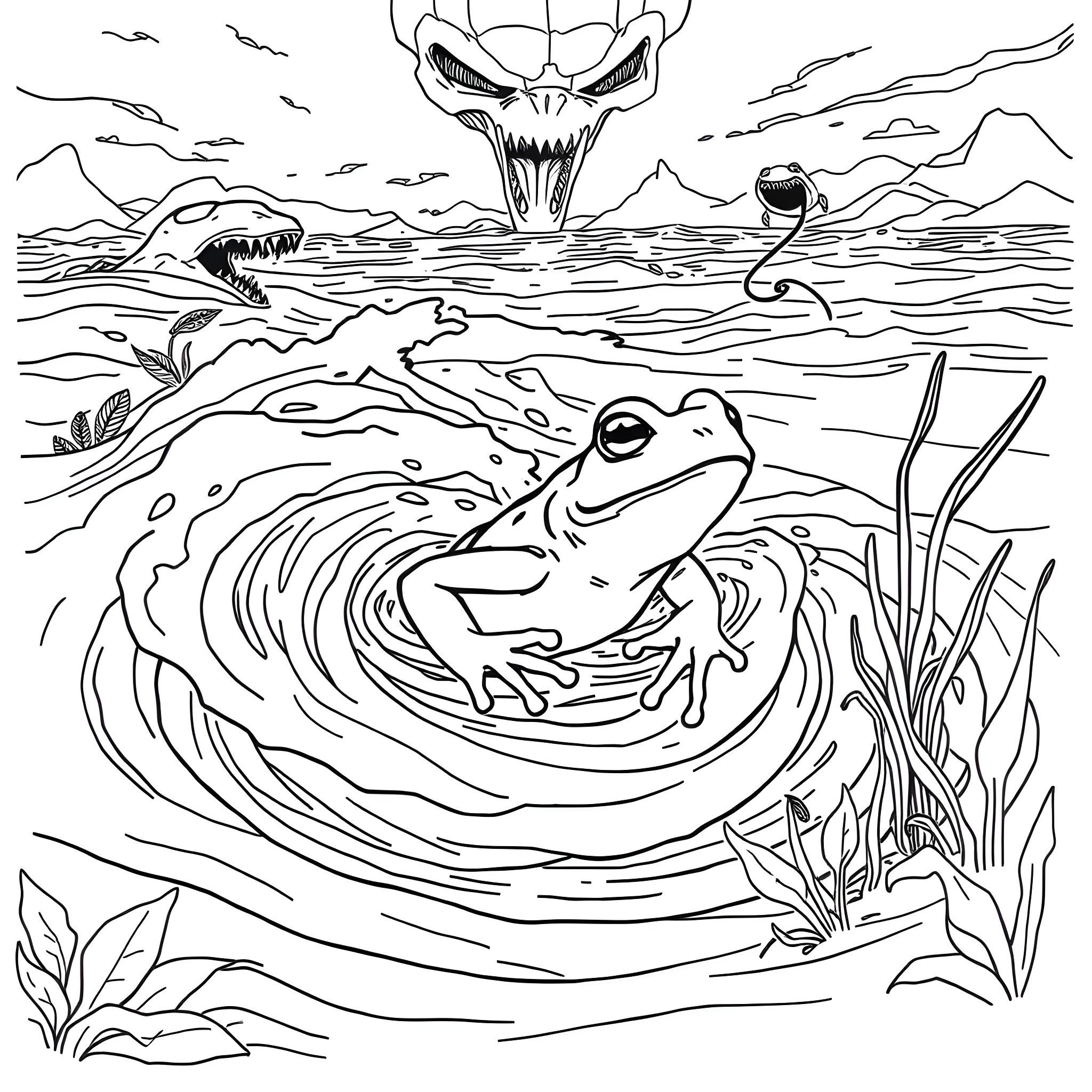 Frog encountering a monstrous creature in the water Coloring Page (free black-and-white line drawing printable PDF for all, from beginners to advanced learners, including children, teens, adults, and seniors)