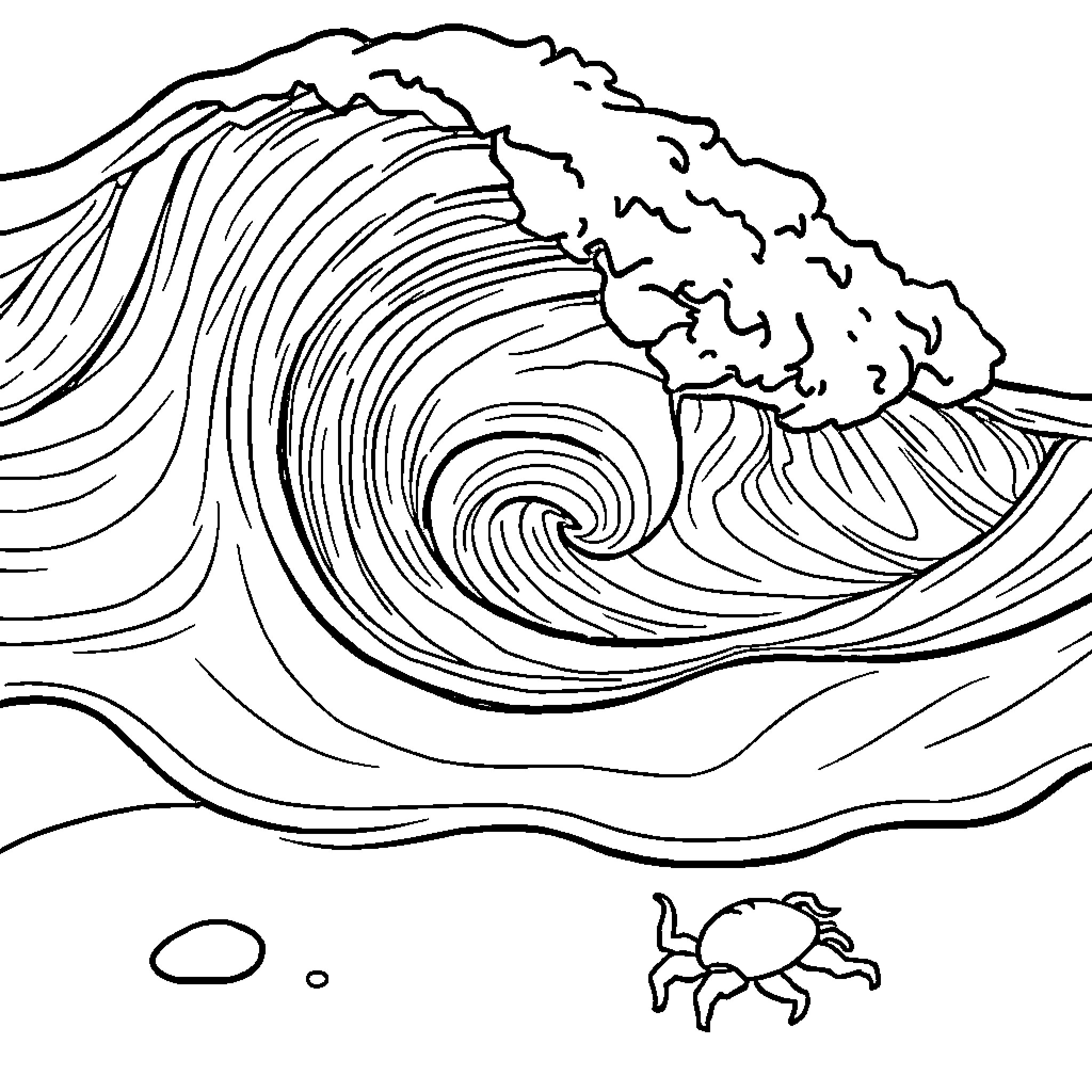 Crab witnessing the powerful ocean waves Coloring Page (free black-and-white line drawing printable PDF for all, from beginners to advanced learners, including children, teens, adults, and seniors)
