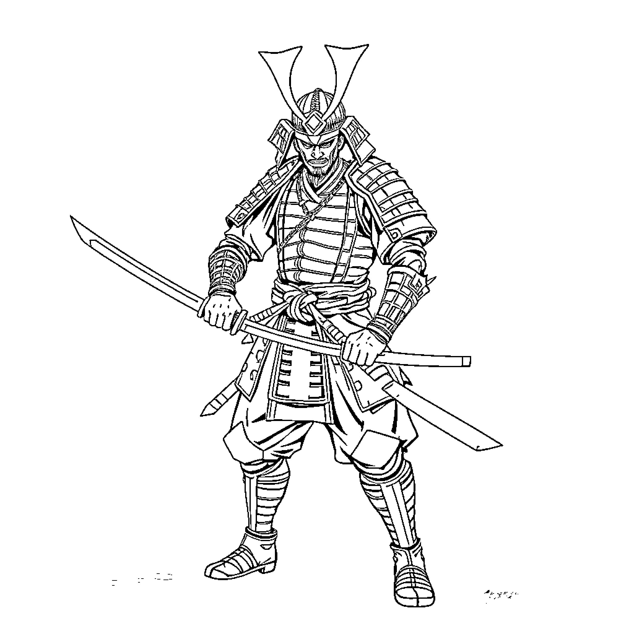Samurai Warrior in Defensive Stance with Weapons Coloring Page (free black-and-white line drawing printable PDF for all, from beginners to advanced learners, including children, teens, adults, and seniors)