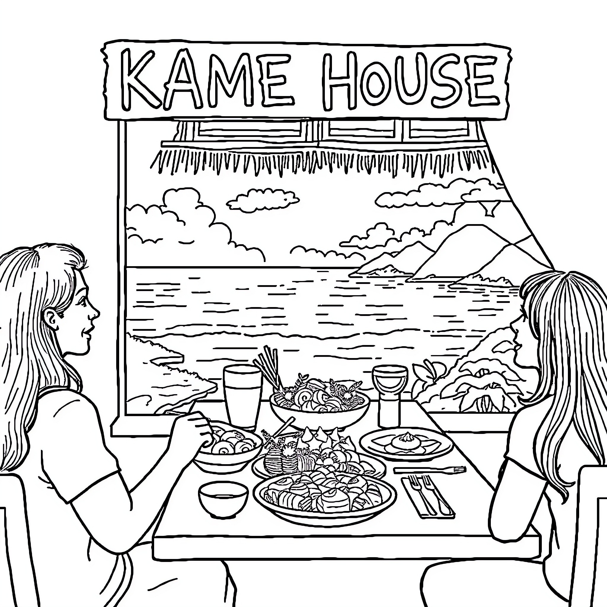 Lunch at Kame House with a View Coloring Page (free black-and-white line drawing printable PDF for all, from beginners to advanced learners, including children, teens, adults, and seniors)