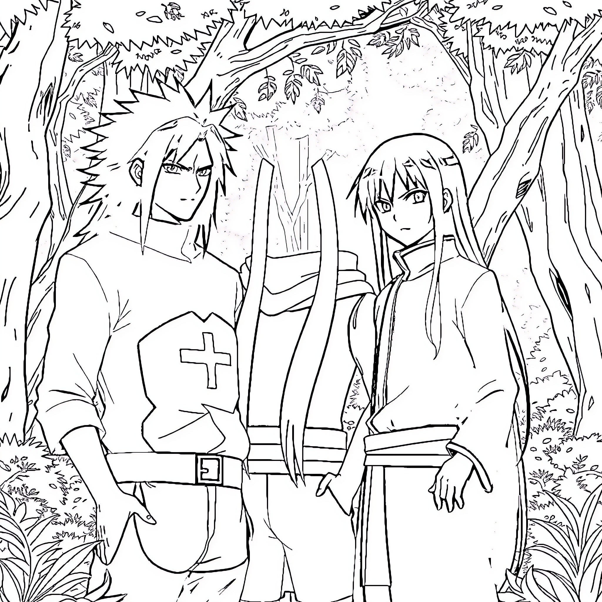 Tobirama and Companion in Lush Forest Coloring Page (free black-and-white line drawing printable PDF for all, from beginners to advanced learners, including children, teens, adults, and seniors)