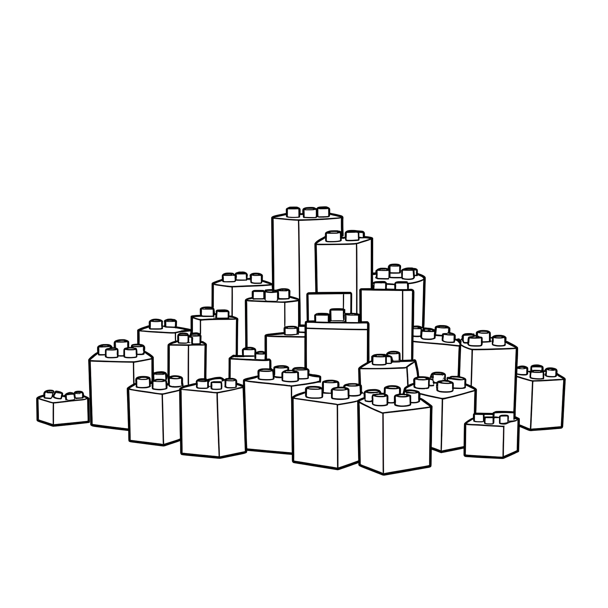 Block building stack of toy bricks Coloring Page (free black-and-white line drawing printable PDF for all, from beginners to advanced learners, including children, teens, adults, and seniors)