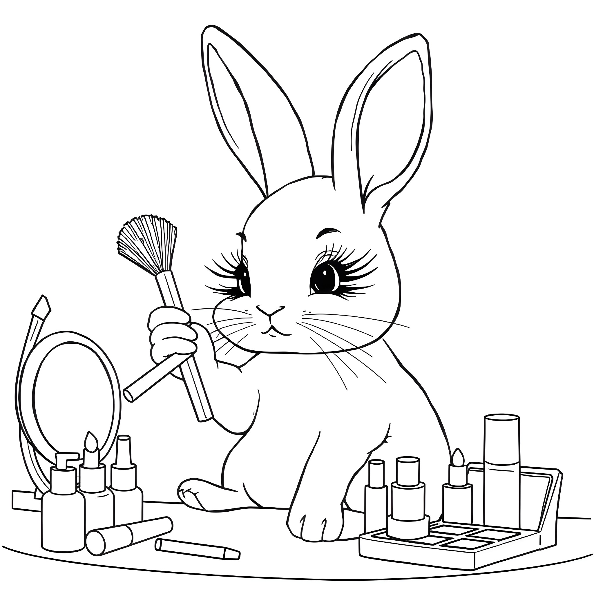 Rabbit applying makeup in front of mirror Coloring Page (free black-and-white line drawing printable PDF for all, from beginners to advanced learners, including children, teens, adults, and seniors)