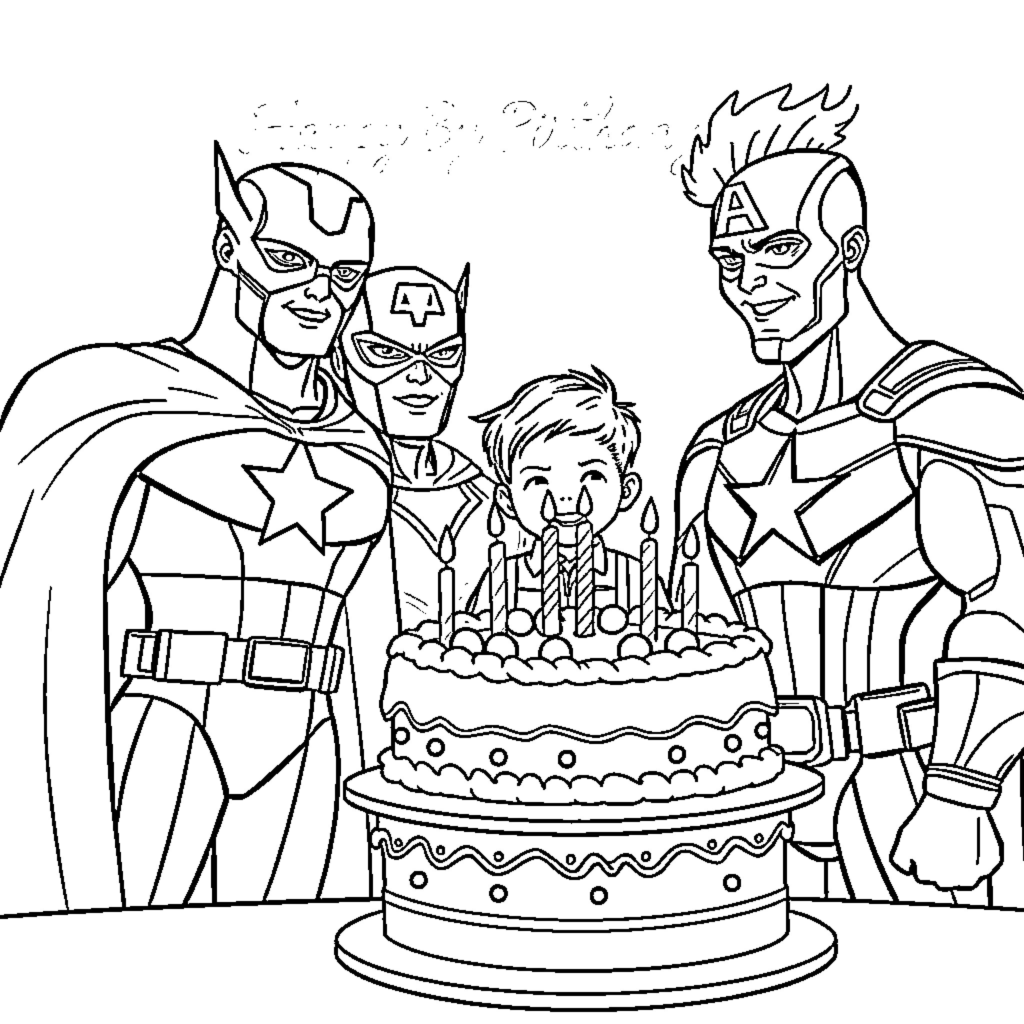 Avengers Celebrate Young Hero's Birthday Coloring Page (free black-and-white line drawing printable PDF for all, from beginners to advanced learners, including children, teens, adults, and seniors)