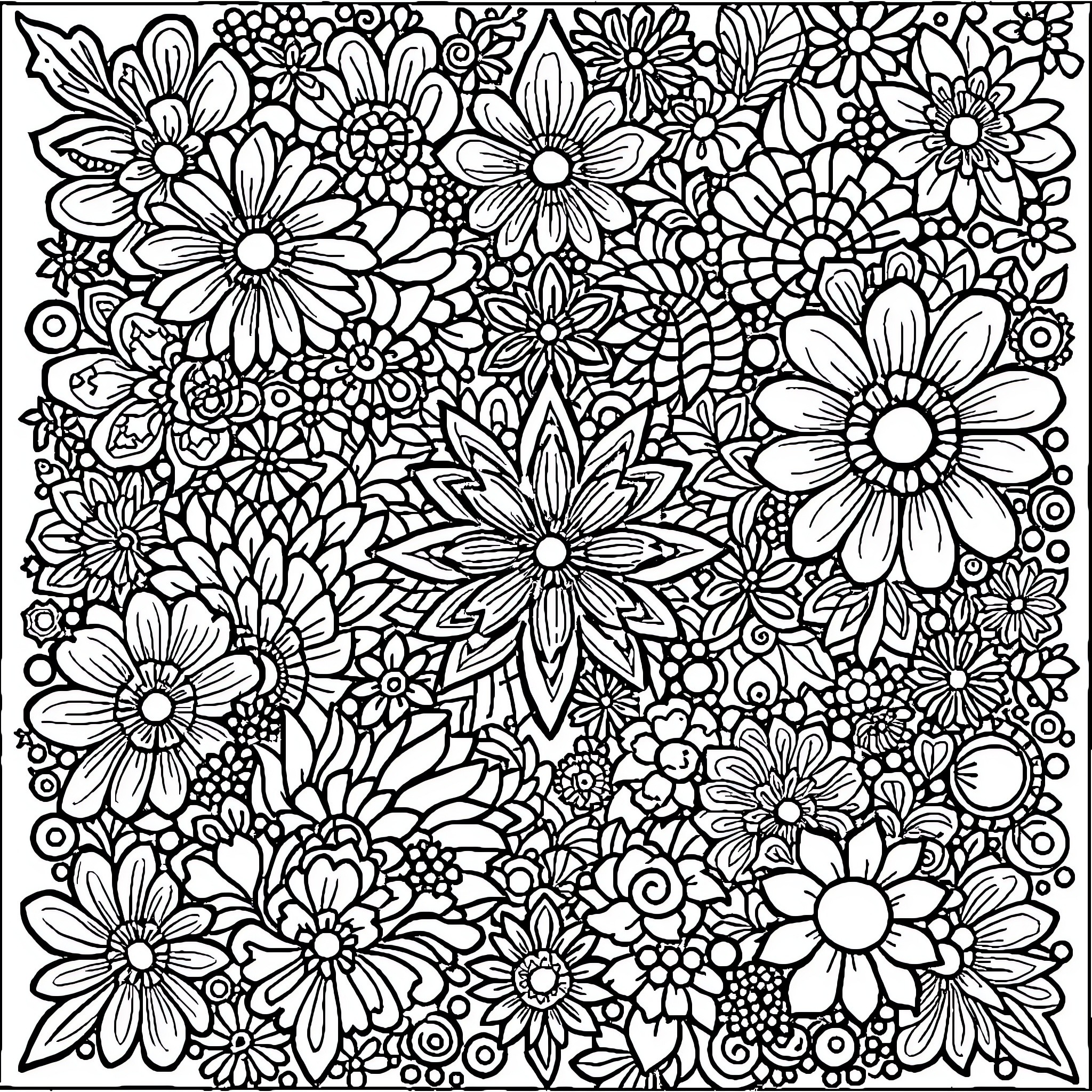 Zentangle pattern of diverse floral elements Coloring Page (free black-and-white line drawing printable PDF for all, from beginners to advanced learners, including children, teens, adults, and seniors)