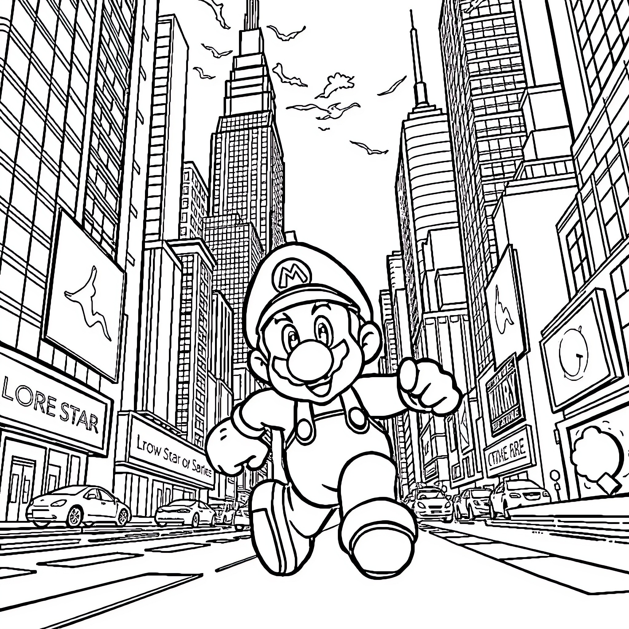 Mario's Heroic Adventure in the Big City Coloring Page (free black-and-white line drawing printable PDF for all, from beginners to advanced learners, including children, teens, adults, and seniors)