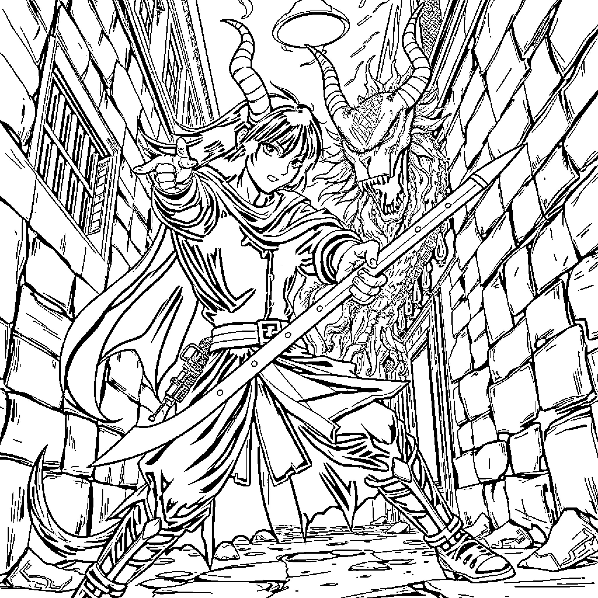 Rumi's Heroic Battle Against Mythical Creatures Coloring Page (free black-and-white line drawing printable PDF for all, from beginners to advanced learners, including children, teens, adults, and seniors)