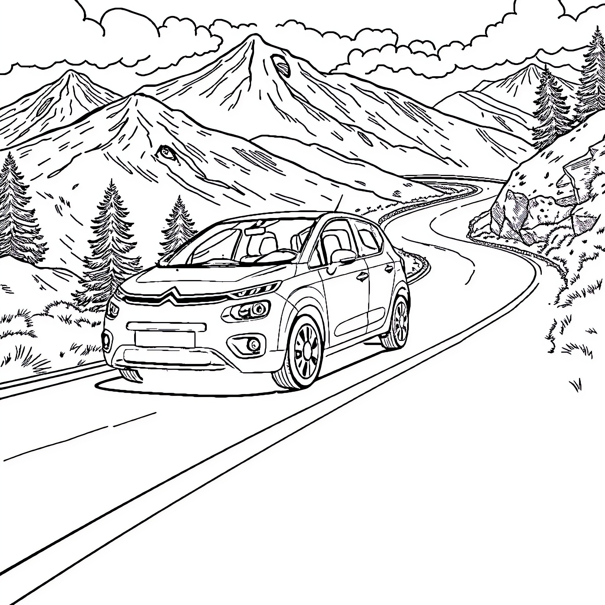 Citroen vehicle driving through mountainous landscape Coloring Page (free black-and-white line drawing printable PDF for all, from beginners to advanced learners, including children, teens, adults, and seniors)