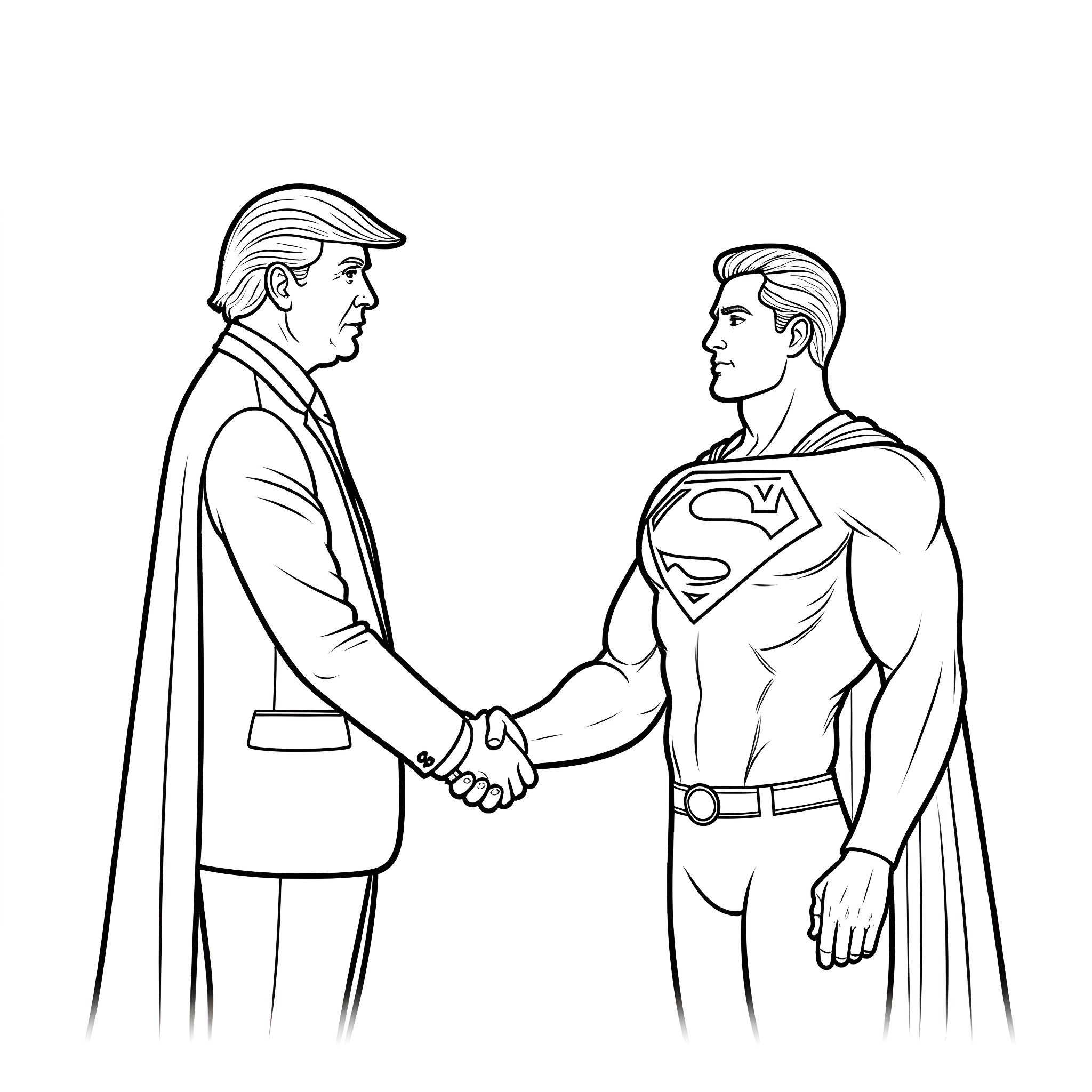 Donald Trump Shaking Hands with Superman Coloring Page (free black-and-white line drawing printable PDF for all, from beginners to advanced learners, including children, teens, adults, and seniors)