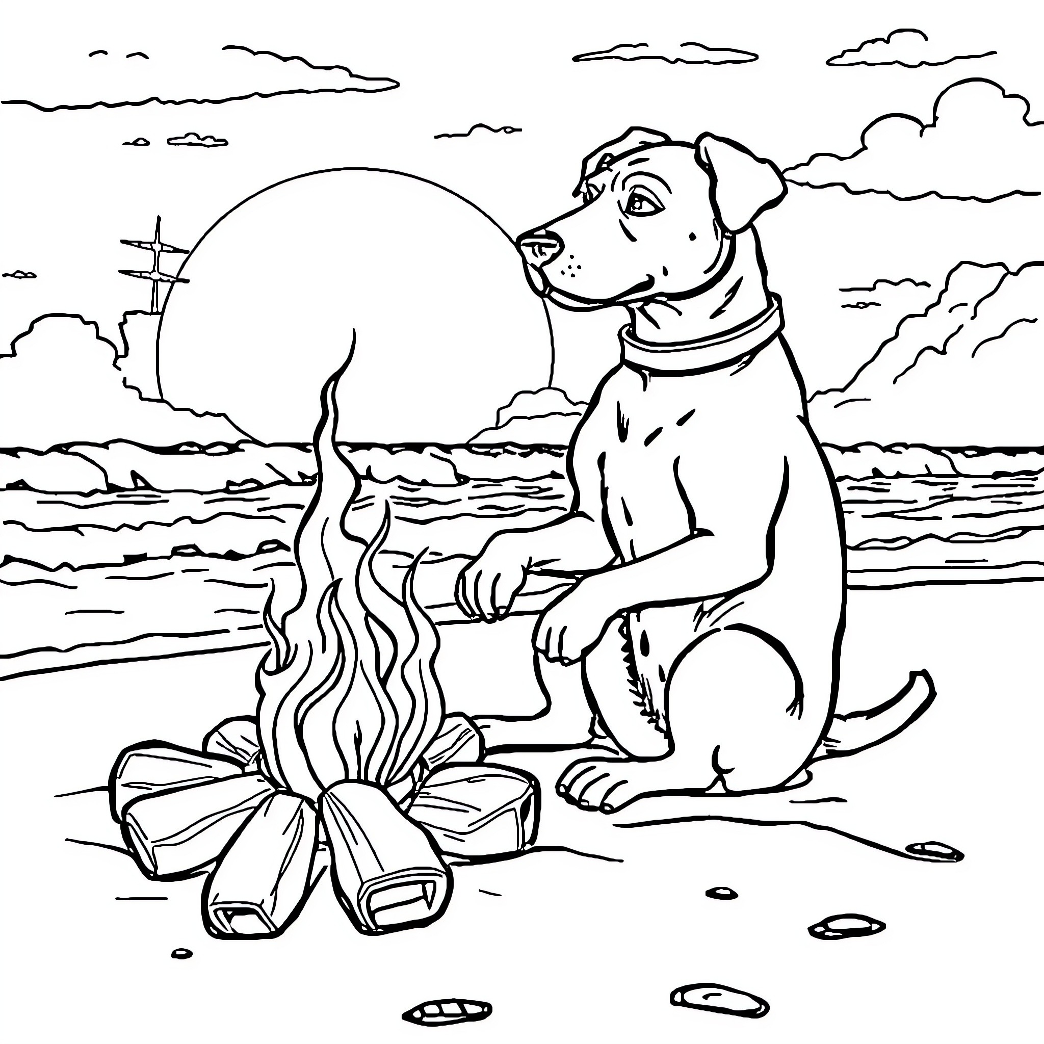 Dog warming by campfire on beach Coloring Page (free black-and-white line drawing printable PDF for all, from beginners to advanced learners, including children, teens, adults, and seniors)