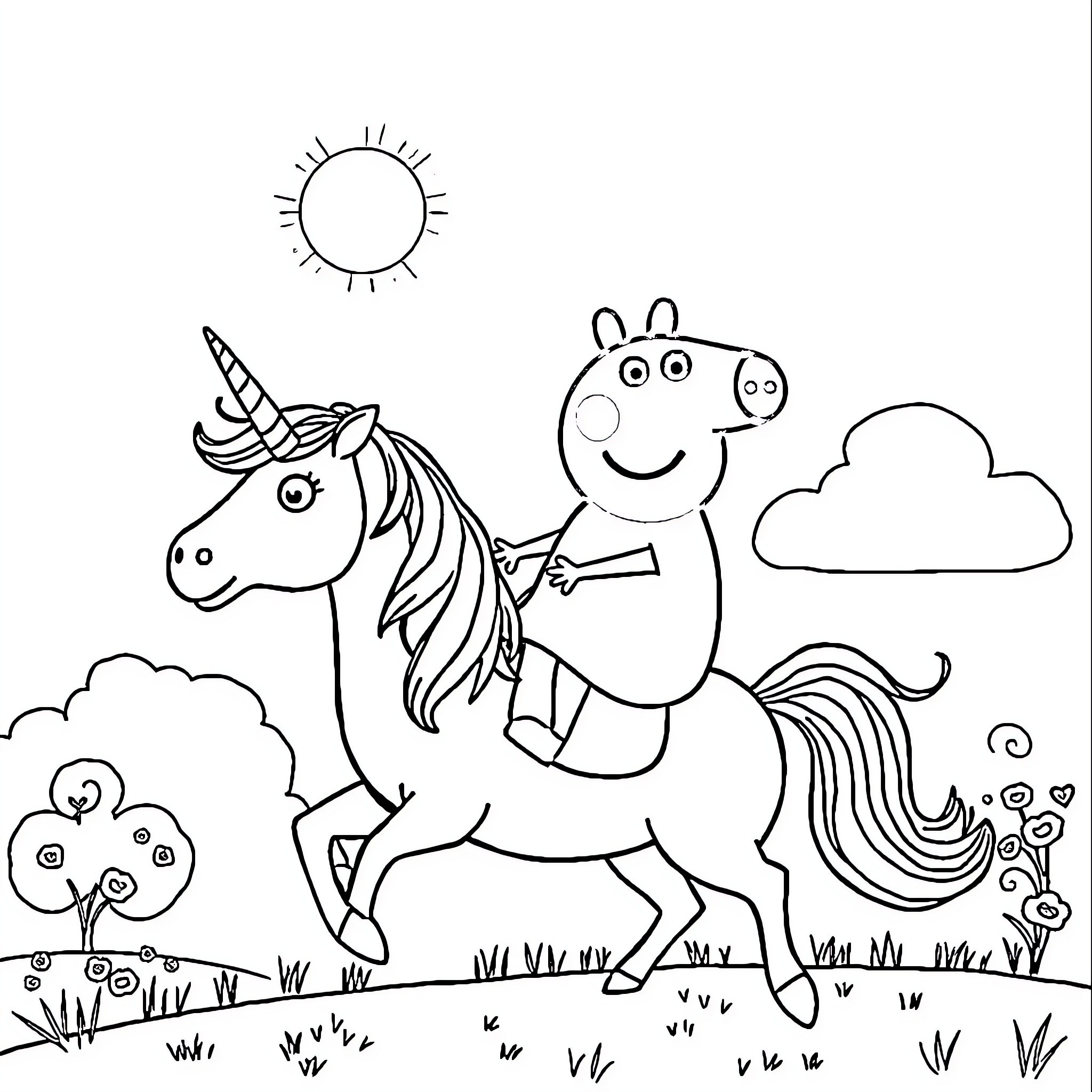 Peppa Pig riding a unicorn in a sunny meadow Coloring Page (free black-and-white line drawing printable PDF for all, from beginners to advanced learners, including children, teens, adults, and seniors)