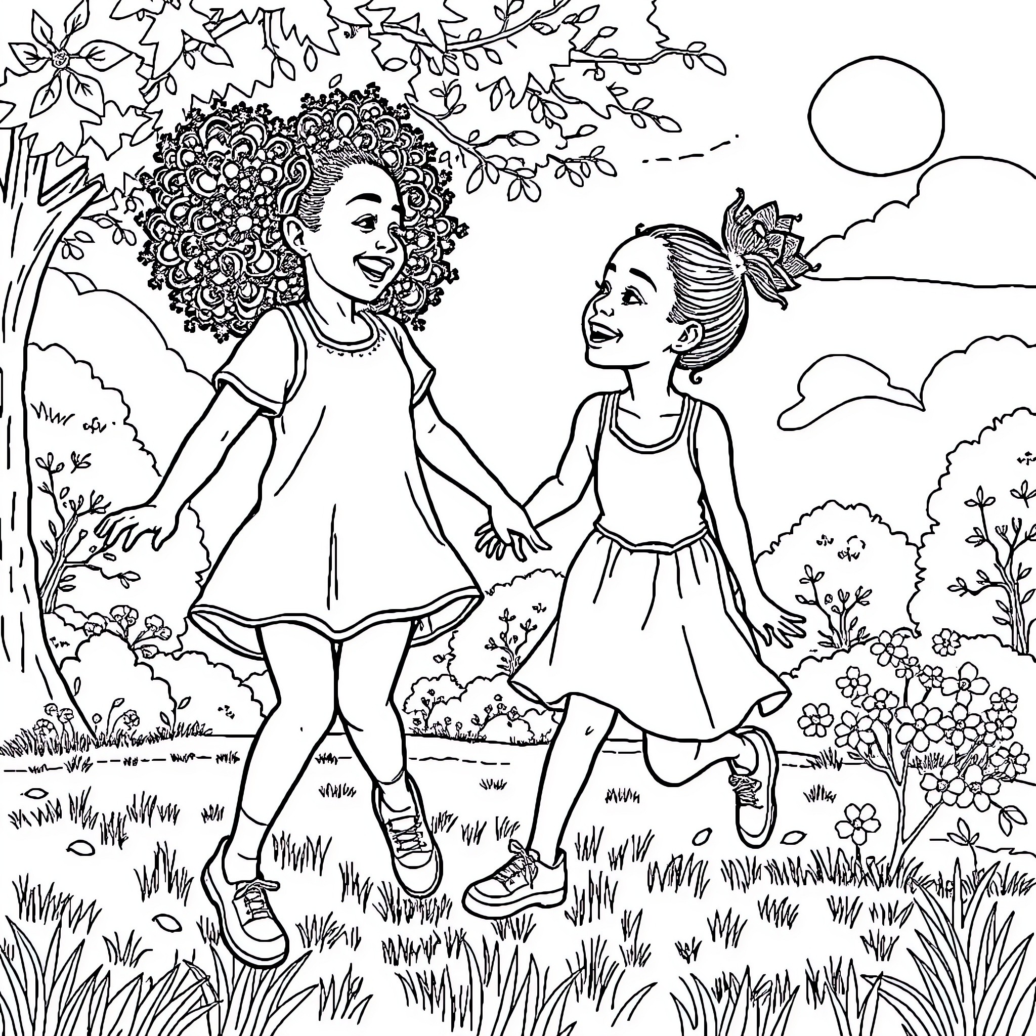 Girls playing together in a lush nature scene Coloring Page (free black-and-white line drawing printable PDF for all, from beginners to advanced learners, including children, teens, adults, and seniors)