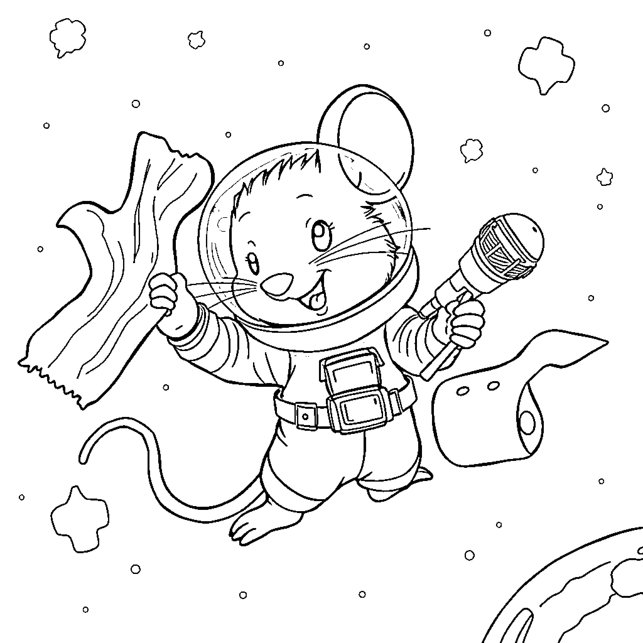 Mouse astronaut exploring outer space Coloring Page (free black-and-white line drawing printable PDF for all, from beginners to advanced learners, including children, teens, adults, and seniors)