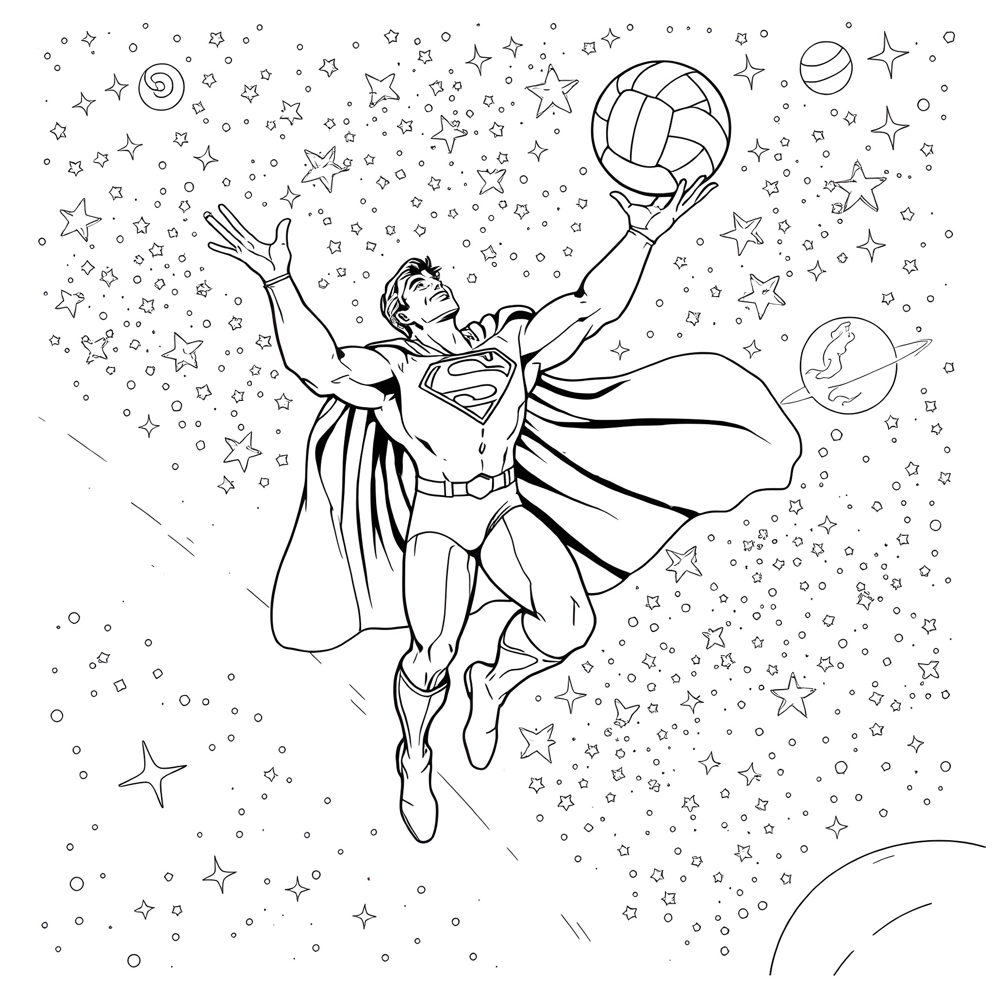 Superman's Cosmic Adventure in the Starry Skies Coloring Page (free black-and-white line drawing printable PDF for all, from beginners to advanced learners, including children, teens, adults, and seniors)