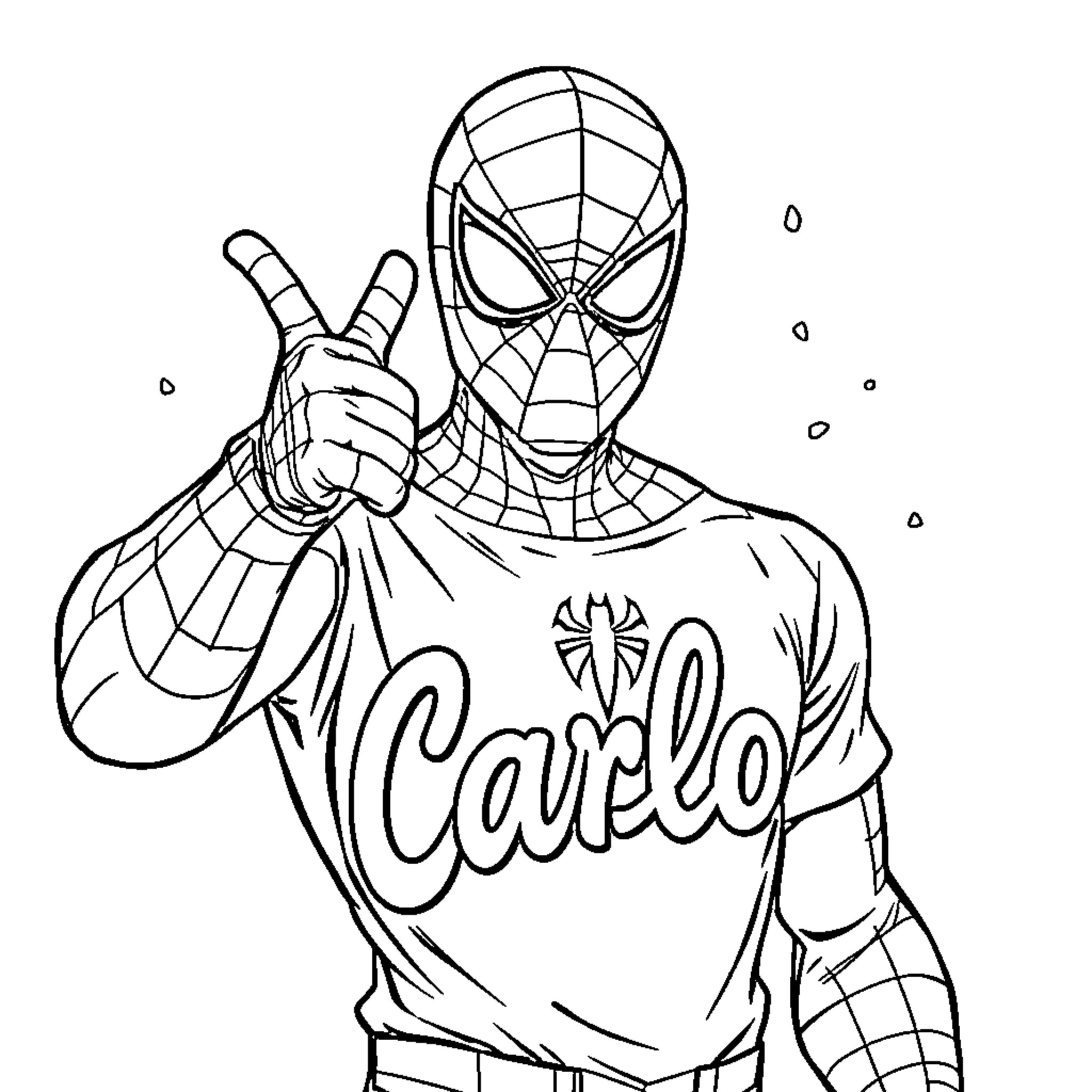 Spiderman making a gesture in a Carlo jersey Coloring Page (free black-and-white line drawing printable PDF for all, from beginners to advanced learners, including children, teens, adults, and seniors)