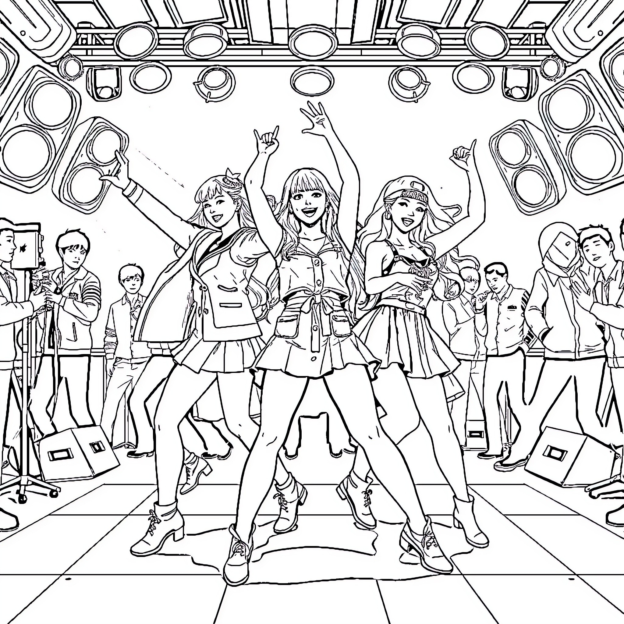 Kpop Performers Energetically Entertaining on Stage Coloring Page (free black-and-white line drawing printable PDF for all, from beginners to advanced learners, including children, teens, adults, and seniors)
