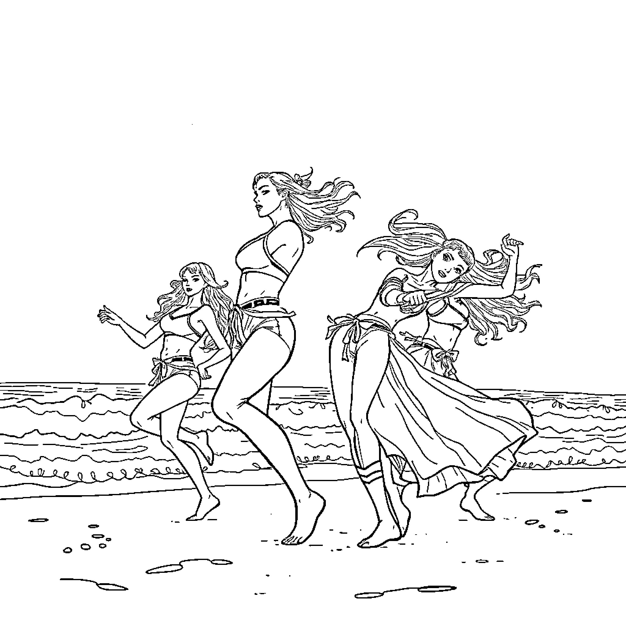 Kpop Warriors dancing energetically on the beach Coloring Page (free black-and-white line drawing printable PDF for all, from beginners to advanced learners, including children, teens, adults, and seniors)