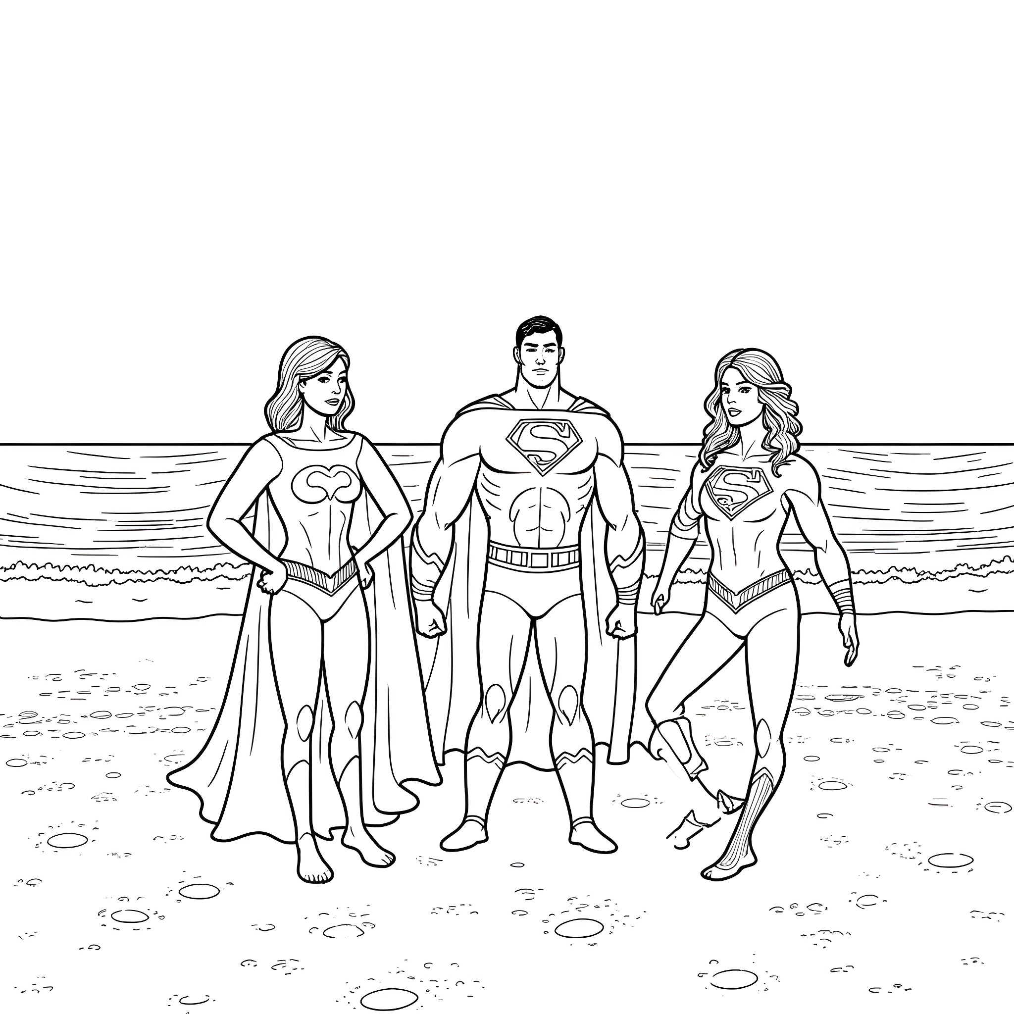 Justice League Heroes on the Beach Coloring Page (free black-and-white line drawing printable PDF for all, from beginners to advanced learners, including children, teens, adults, and seniors)