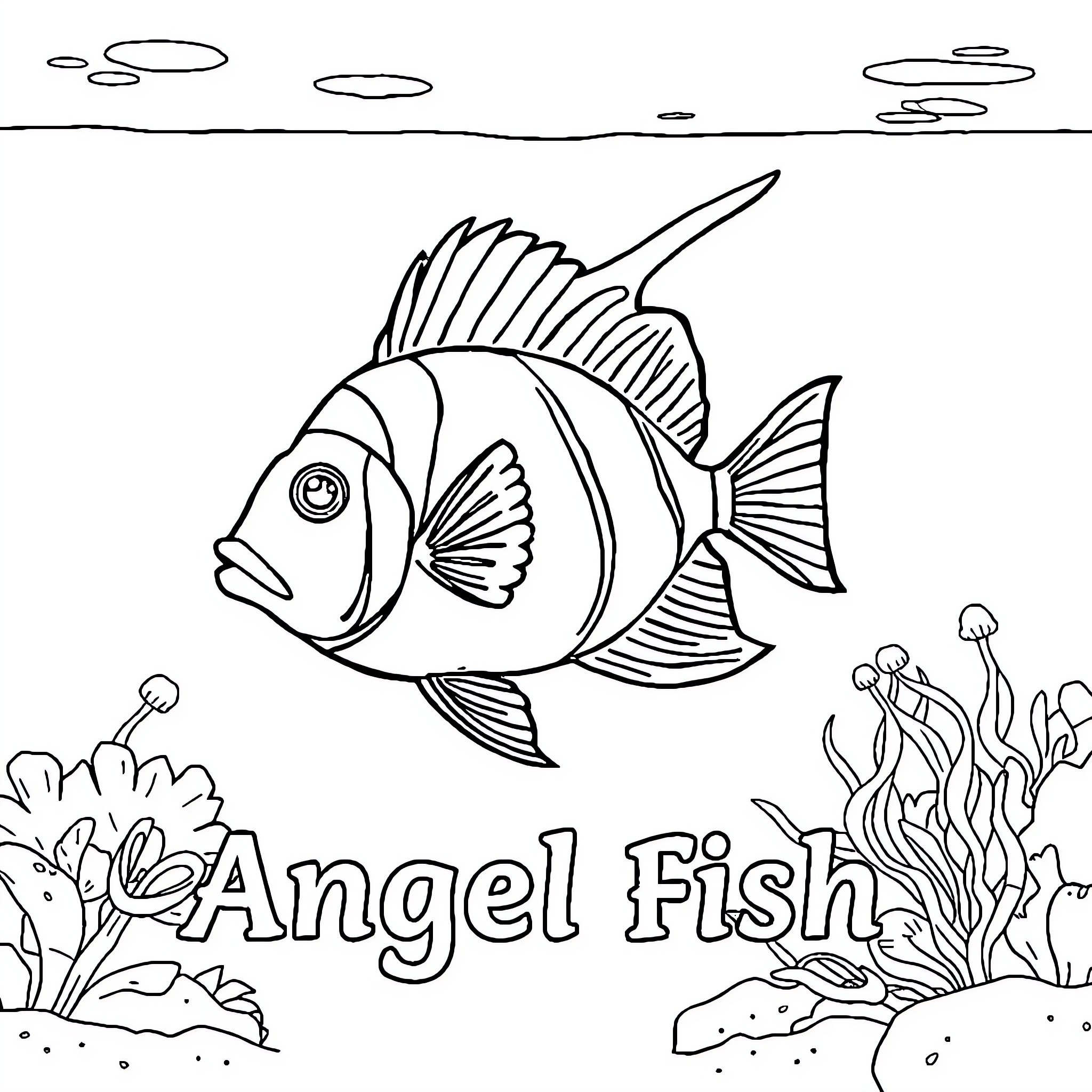 Angelfish swimming in an underwater scene Coloring Page (free black-and-white line drawing printable PDF for all, from beginners to advanced learners, including children, teens, adults, and seniors)