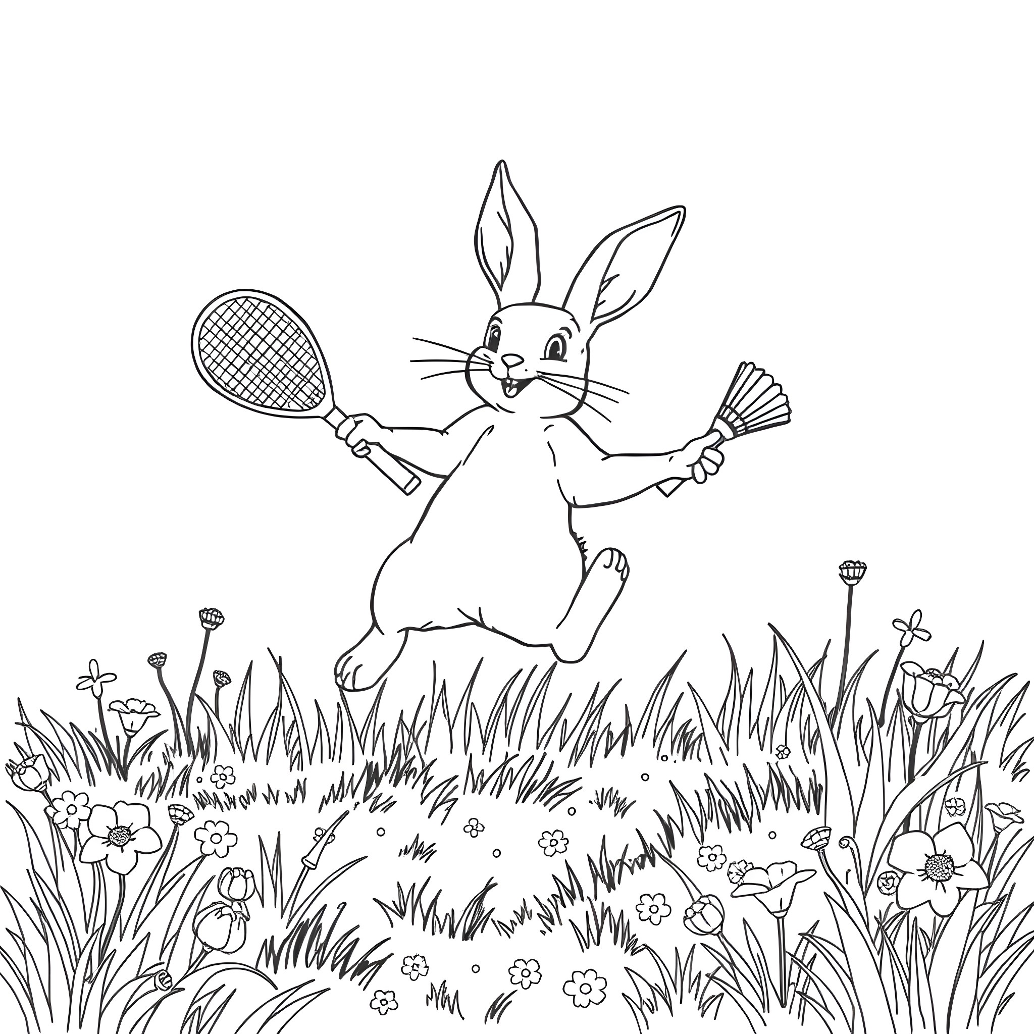 Rabbit playing with racket and shuttlecock in the meadow Coloring Page (free black-and-white line drawing printable PDF for all, from beginners to advanced learners, including children, teens, adults, and seniors)