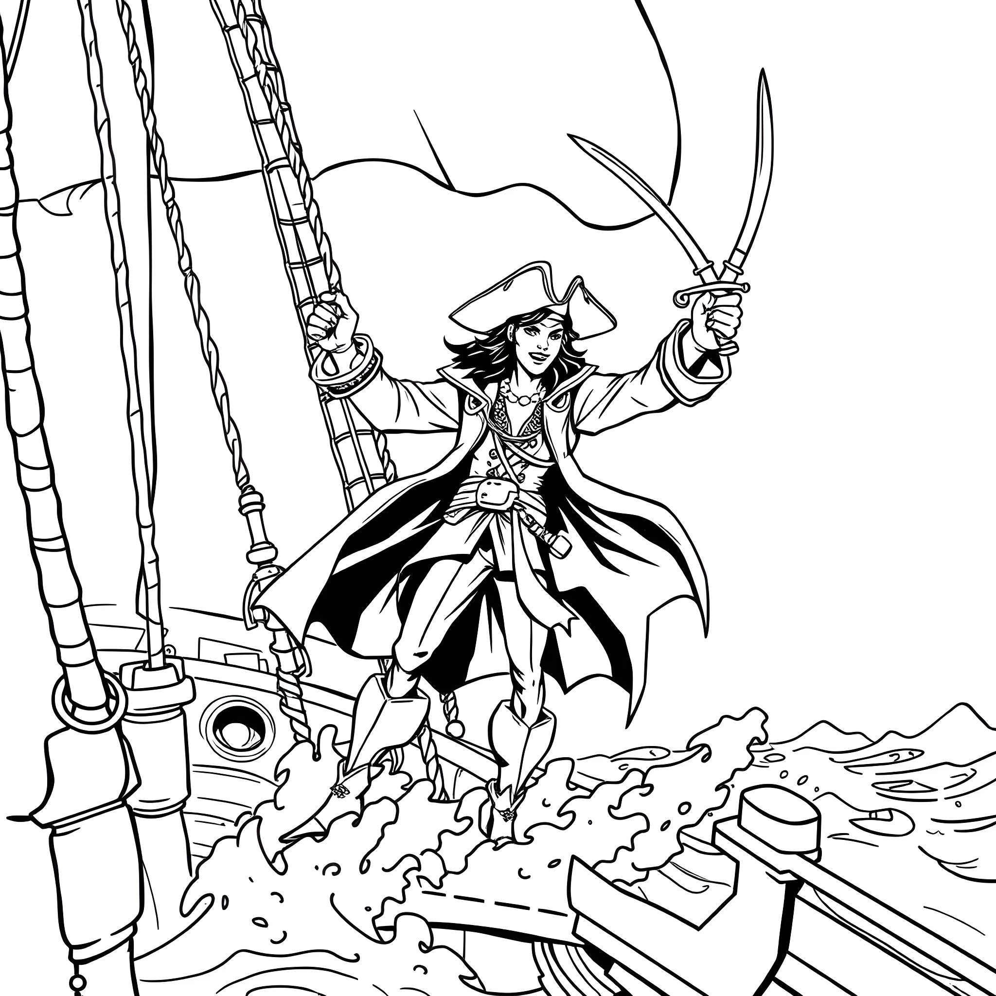 Captain Hook commanding a pirate ship on the high seas Coloring Page (free black-and-white line drawing printable PDF for all, from beginners to advanced learners, including children, teens, adults, and seniors)