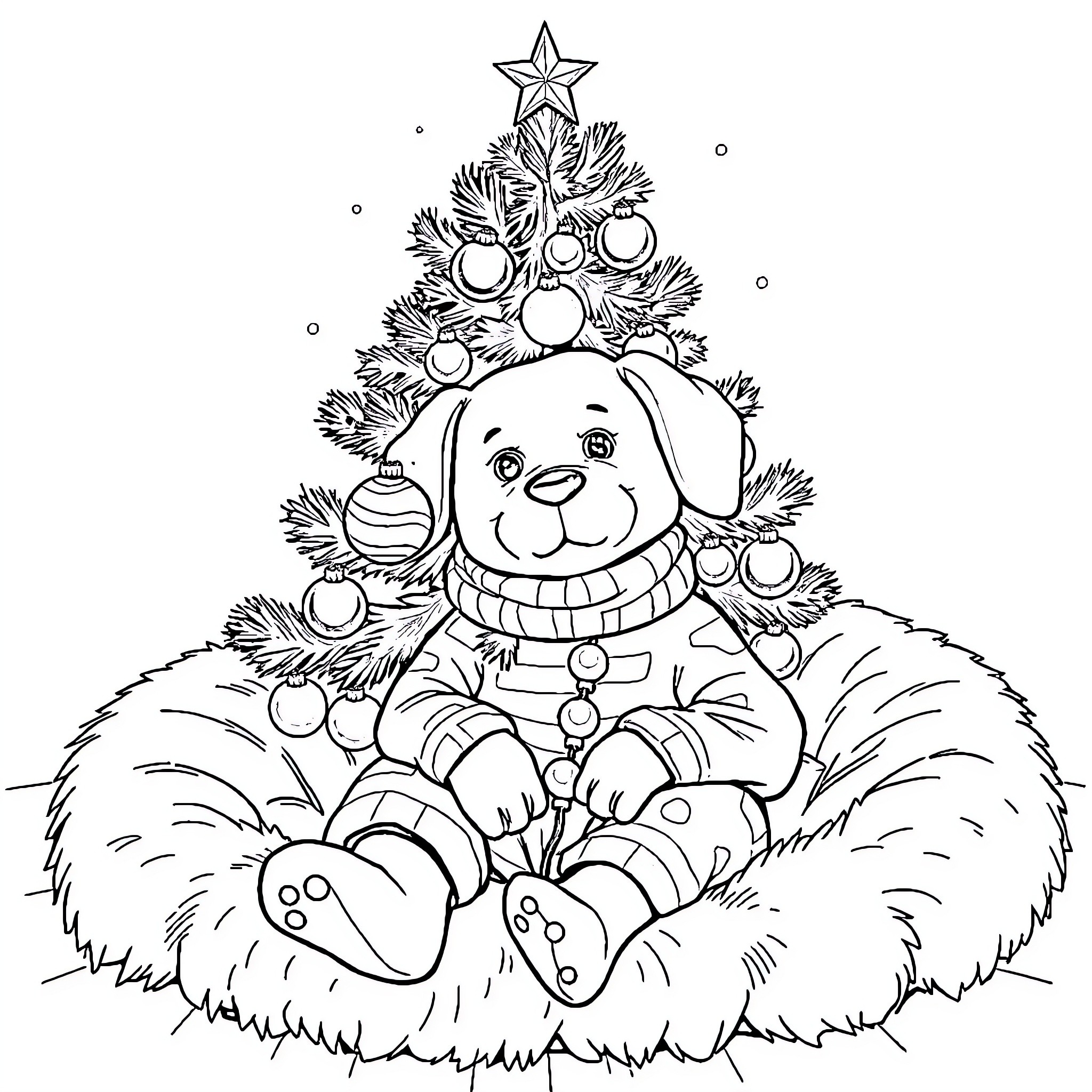 Christmas Tree with Cute Puppy Ornament Coloring Page (free black-and-white line drawing printable PDF for all, from beginners to advanced learners, including children, teens, adults, and seniors)
