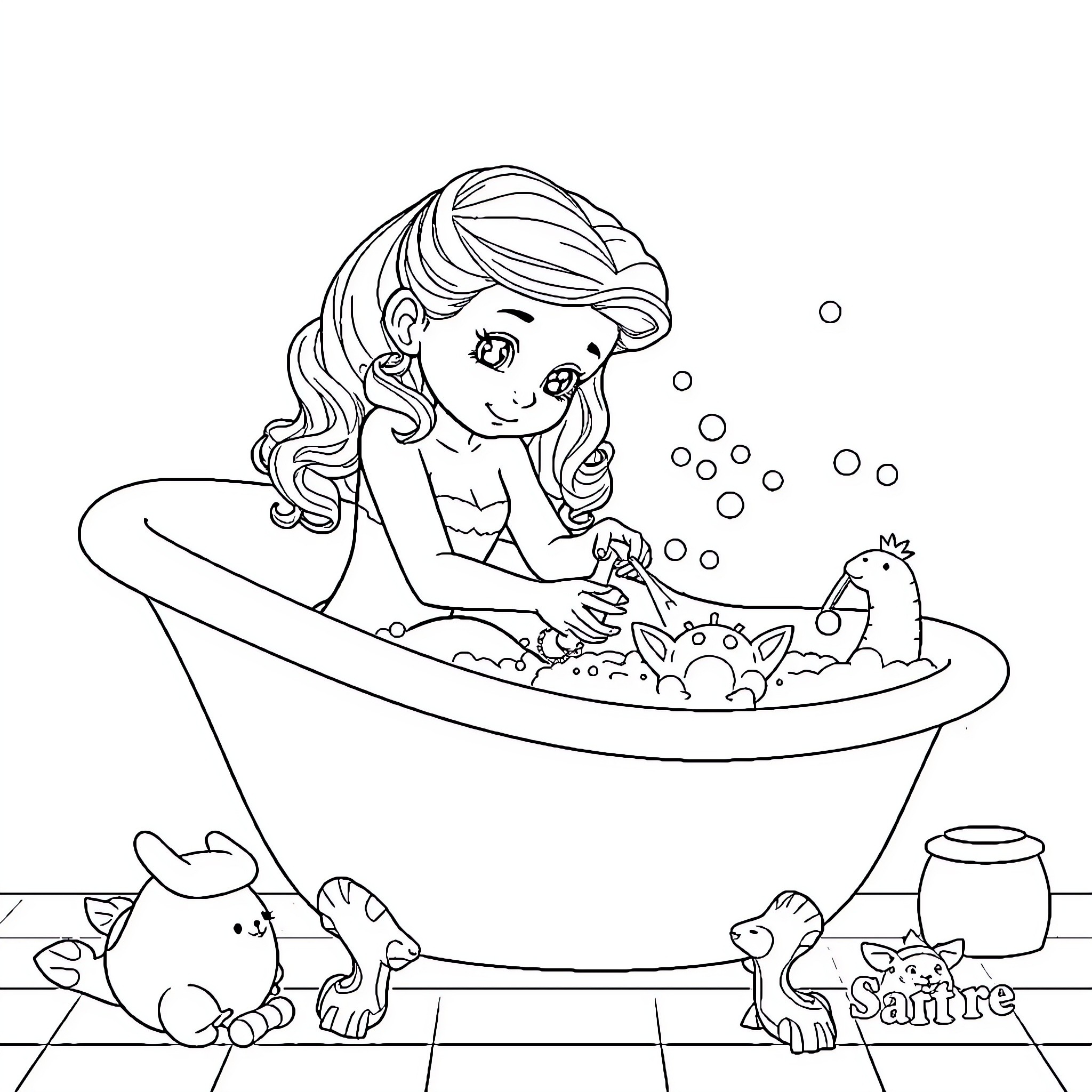 Belle Delphine taking a relaxing bath with sea creatures Coloring Page (free black-and-white line drawing printable PDF for all, from beginners to advanced learners, including children, teens, adults, and seniors)