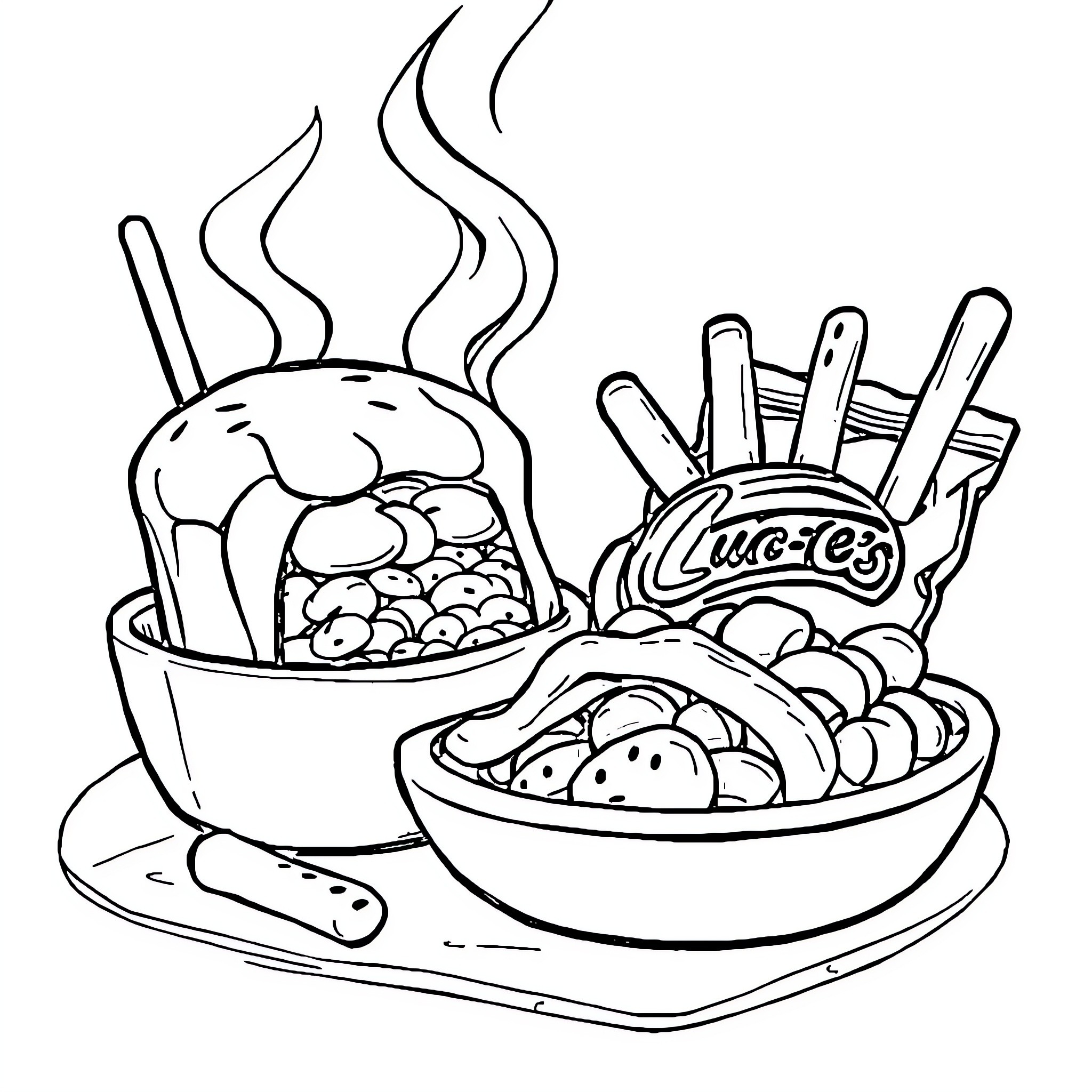 Luby's collection of hot and tasty dishes Coloring Page (free black-and-white line drawing printable PDF for all, from beginners to advanced learners, including children, teens, adults, and seniors)