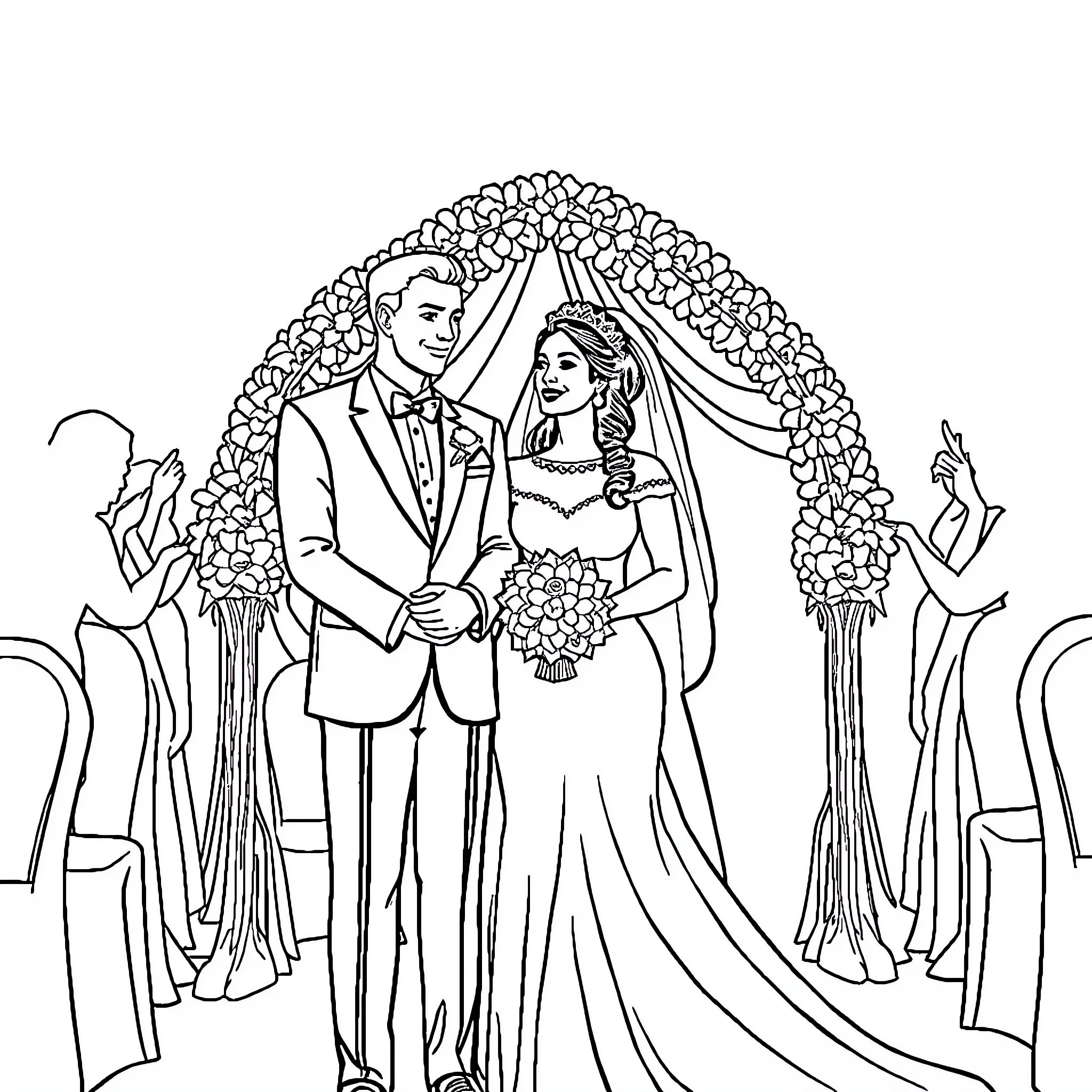 Wedding ceremony of happy couple under floral arch Coloring Page (free black-and-white line drawing printable PDF for all, from beginners to advanced learners, including children, teens, adults, and seniors)