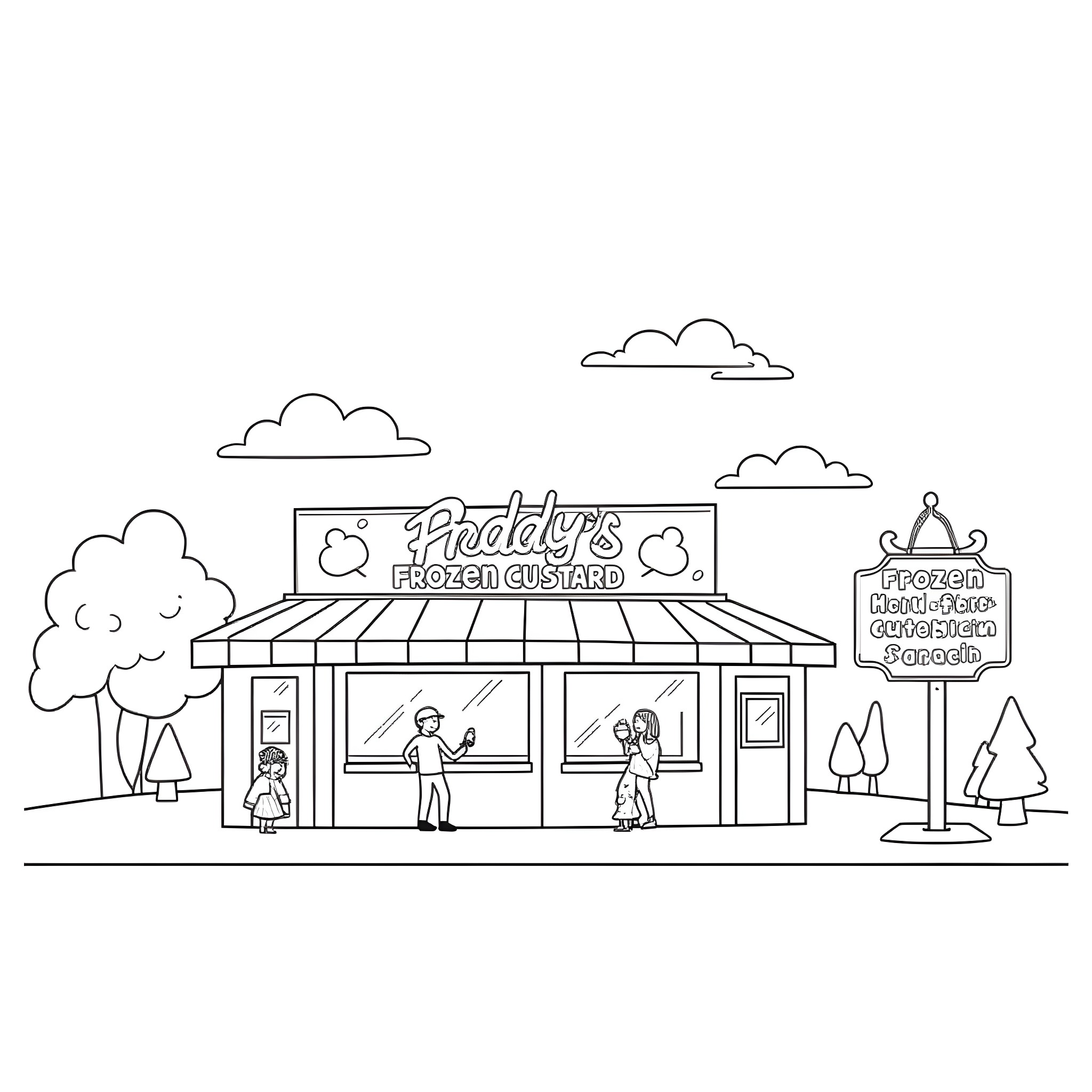 Freddy's frozen custard shop with customers Coloring Page (free black-and-white line drawing printable PDF for all, from beginners to advanced learners, including children, teens, adults, and seniors)