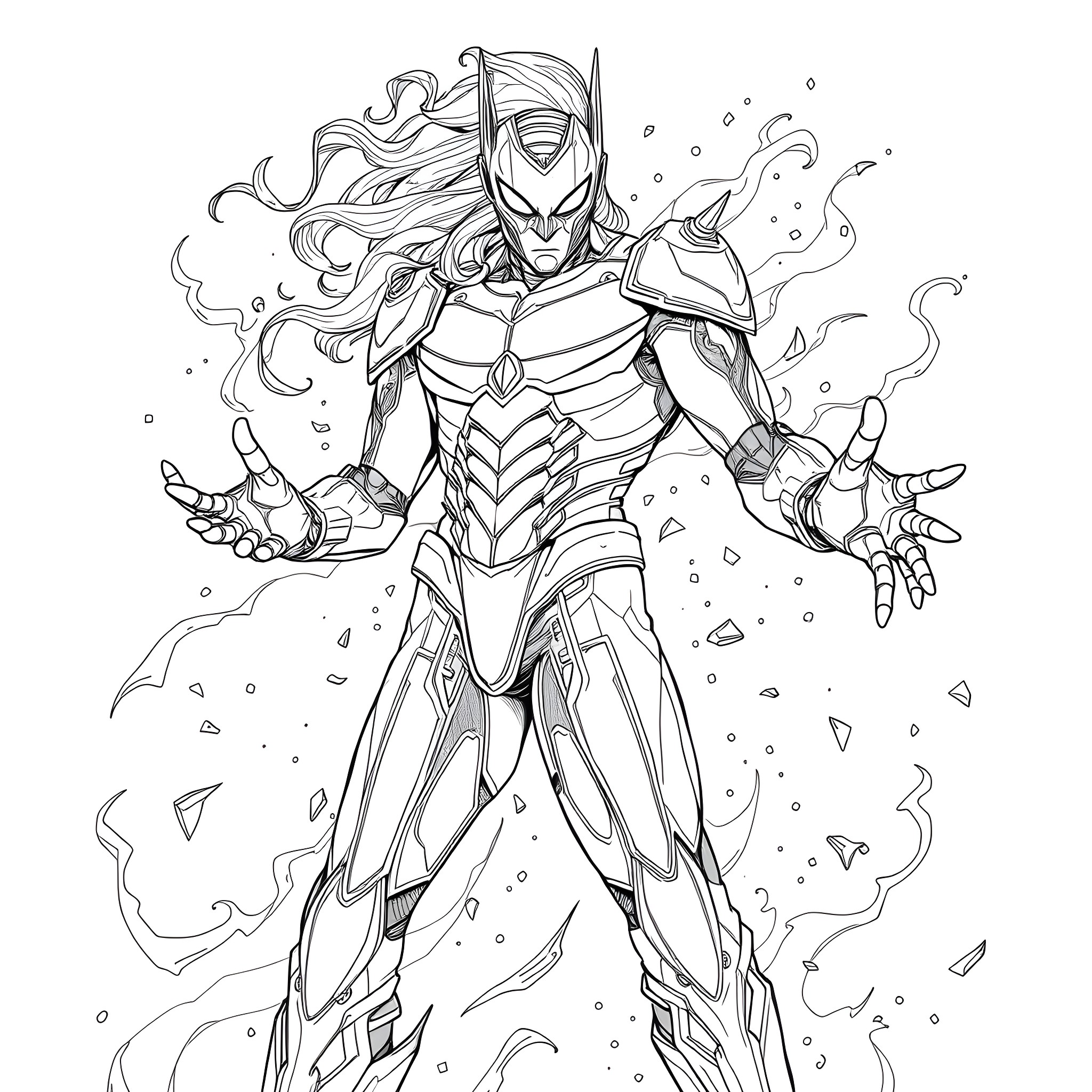 Mystallo's Heroic Stance in Cosmic Splendor Coloring Page (free black-and-white line drawing printable PDF for all, from beginners to advanced learners, including children, teens, adults, and seniors)