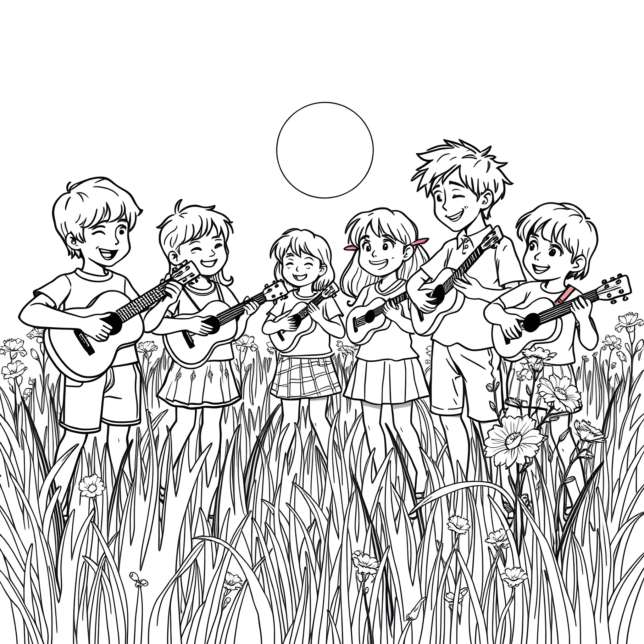 Kids playing music joyfully in the meadow Coloring Page (free black-and-white line drawing printable PDF for all, from beginners to advanced learners, including children, teens, adults, and seniors)