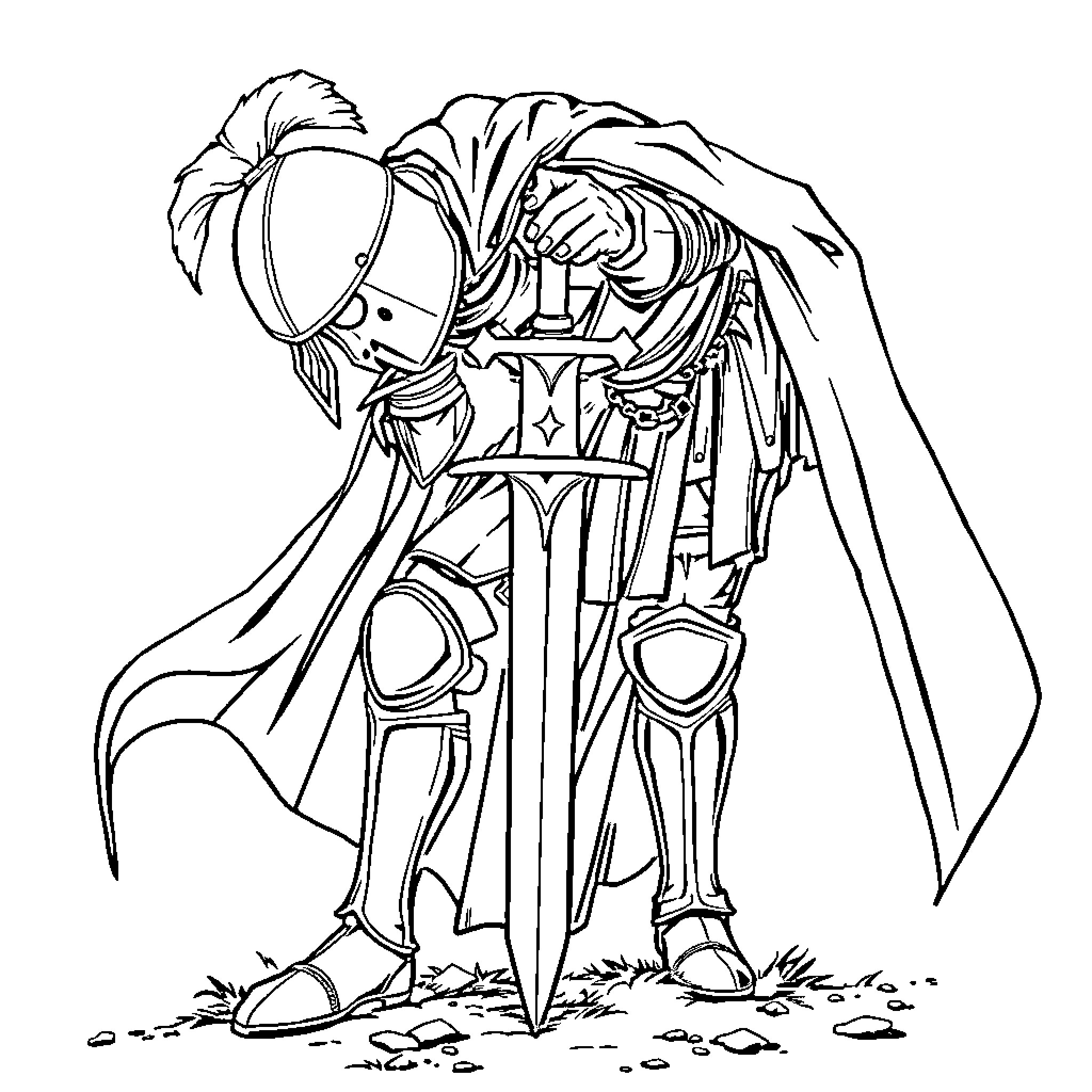 Knight standing firm with sword and shield Coloring Page (free black-and-white line drawing printable PDF for all, from beginners to advanced learners, including children, teens, adults, and seniors)