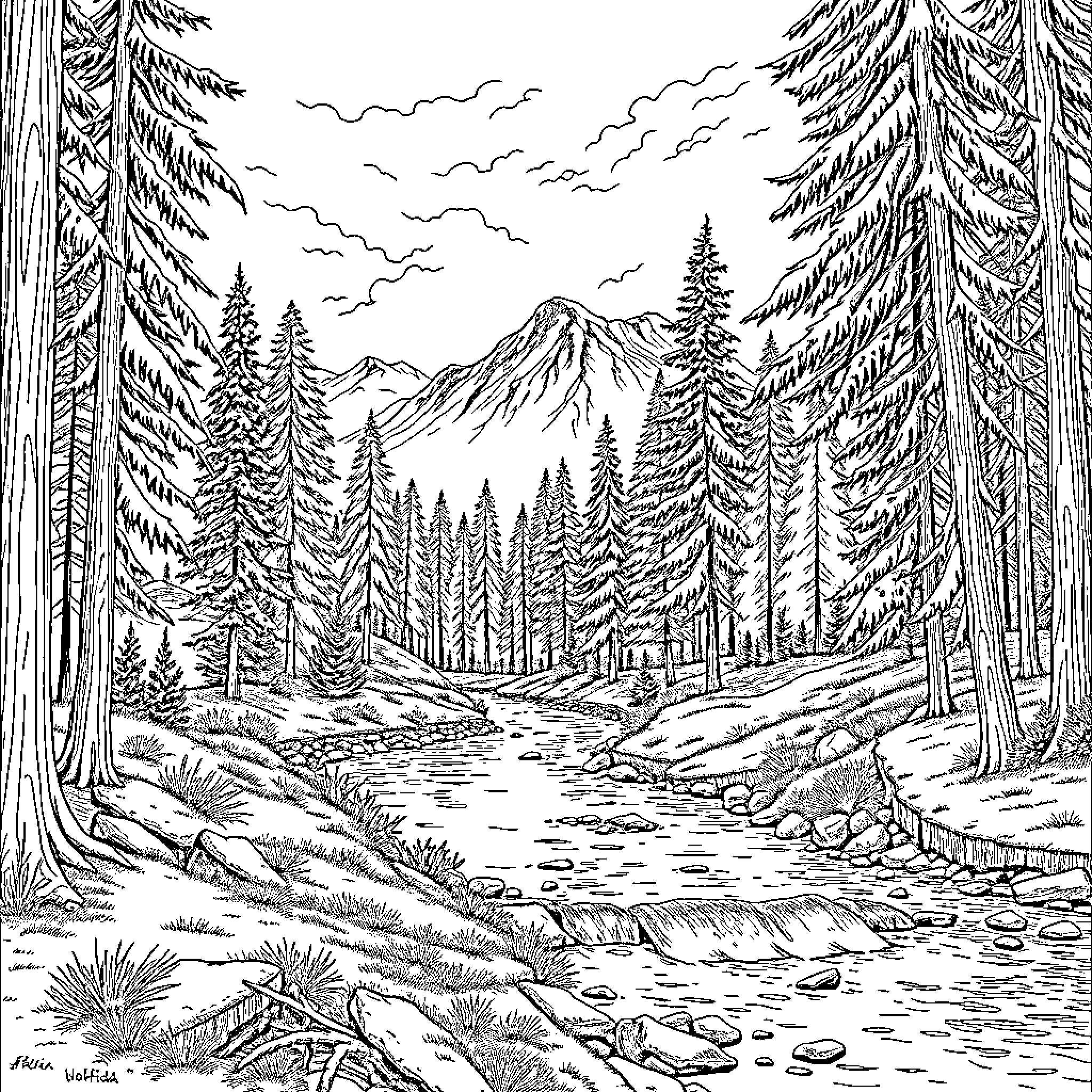 Park with mountain stream and evergreen forest Coloring Page (free black-and-white line drawing printable PDF for all, from beginners to advanced learners, including children, teens, adults, and seniors)