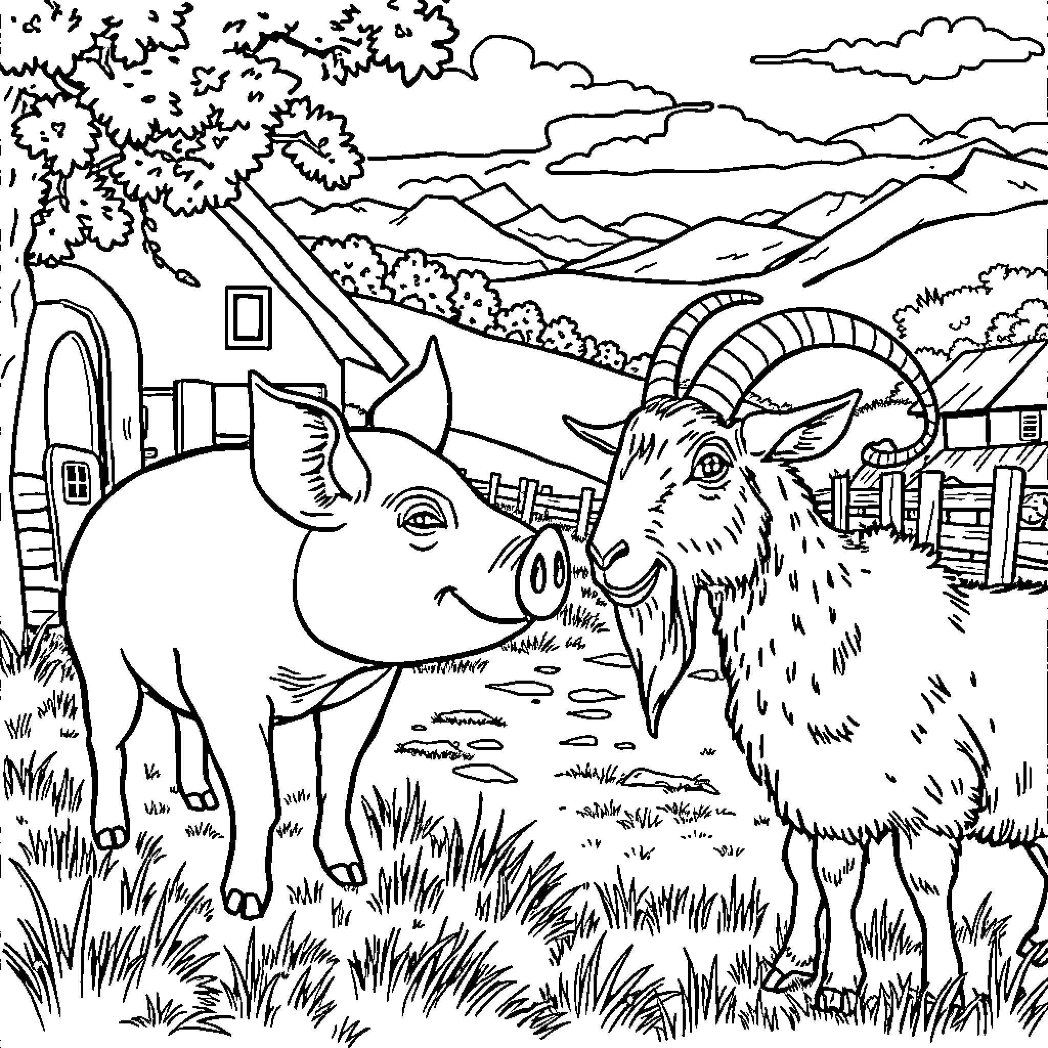 Pig vs Goat in Farmland Scene Coloring Page (free black-and-white line drawing printable PDF for all, from beginners to advanced learners, including children, teens, adults, and seniors)