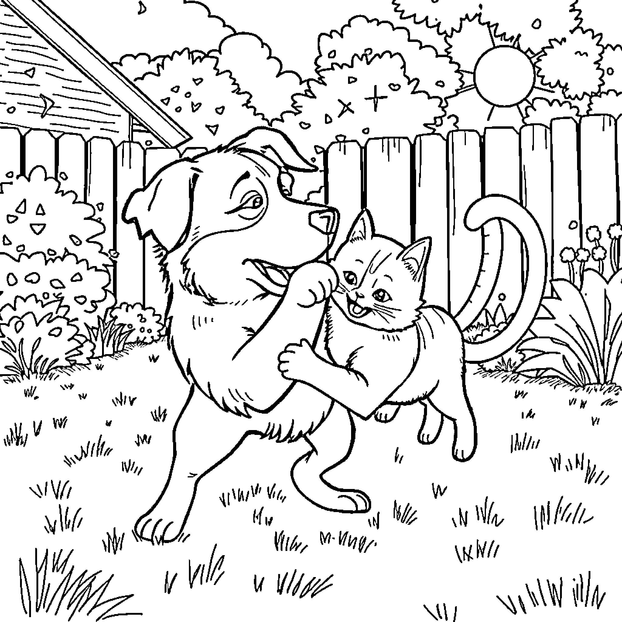 Dog and cat playing in the yard Coloring Page (free black-and-white line drawing printable PDF for all, from beginners to advanced learners, including children, teens, adults, and seniors)