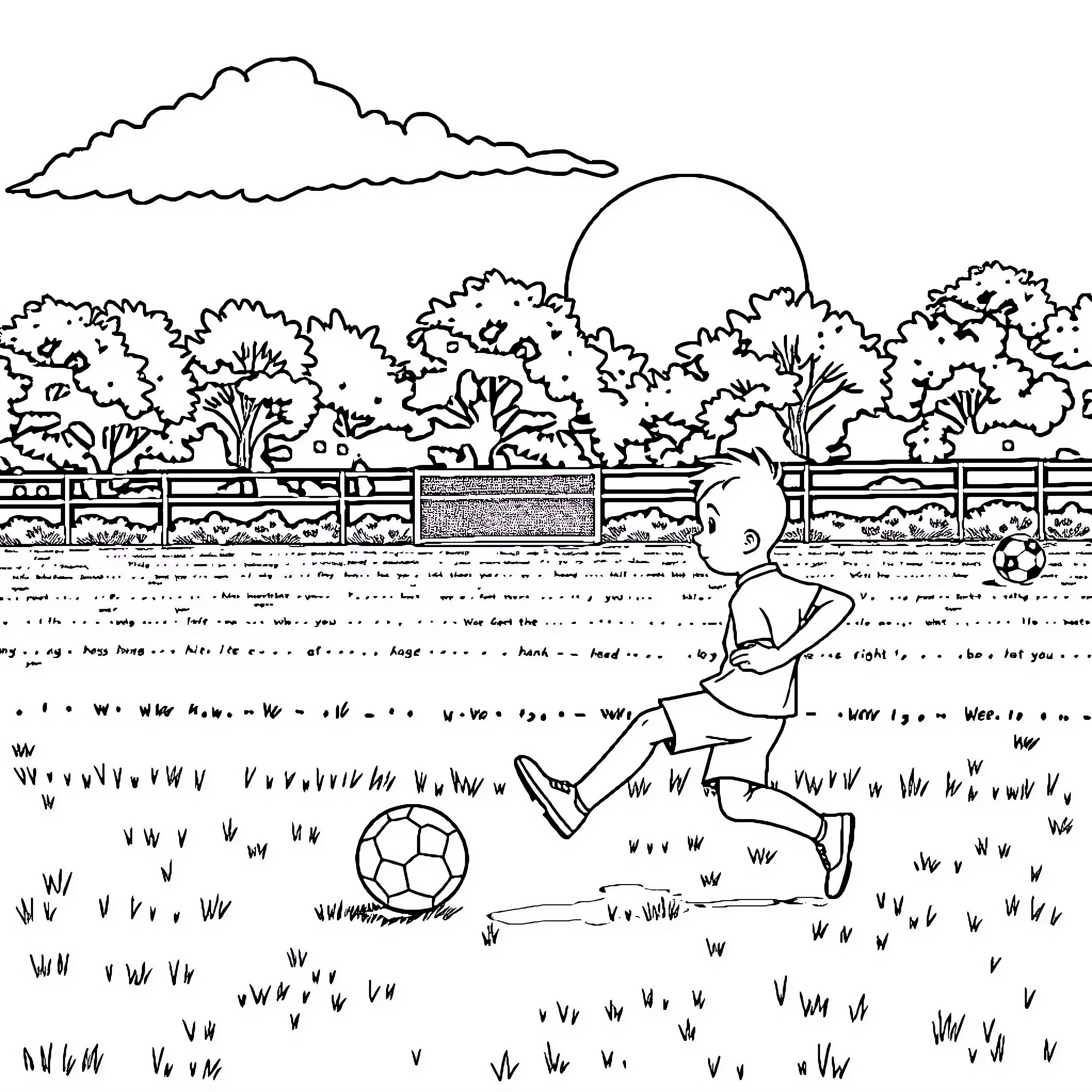 Tintin playing football in the countryside Coloring Page (free black-and-white line drawing printable PDF for all, from beginners to advanced learners, including children, teens, adults, and seniors)