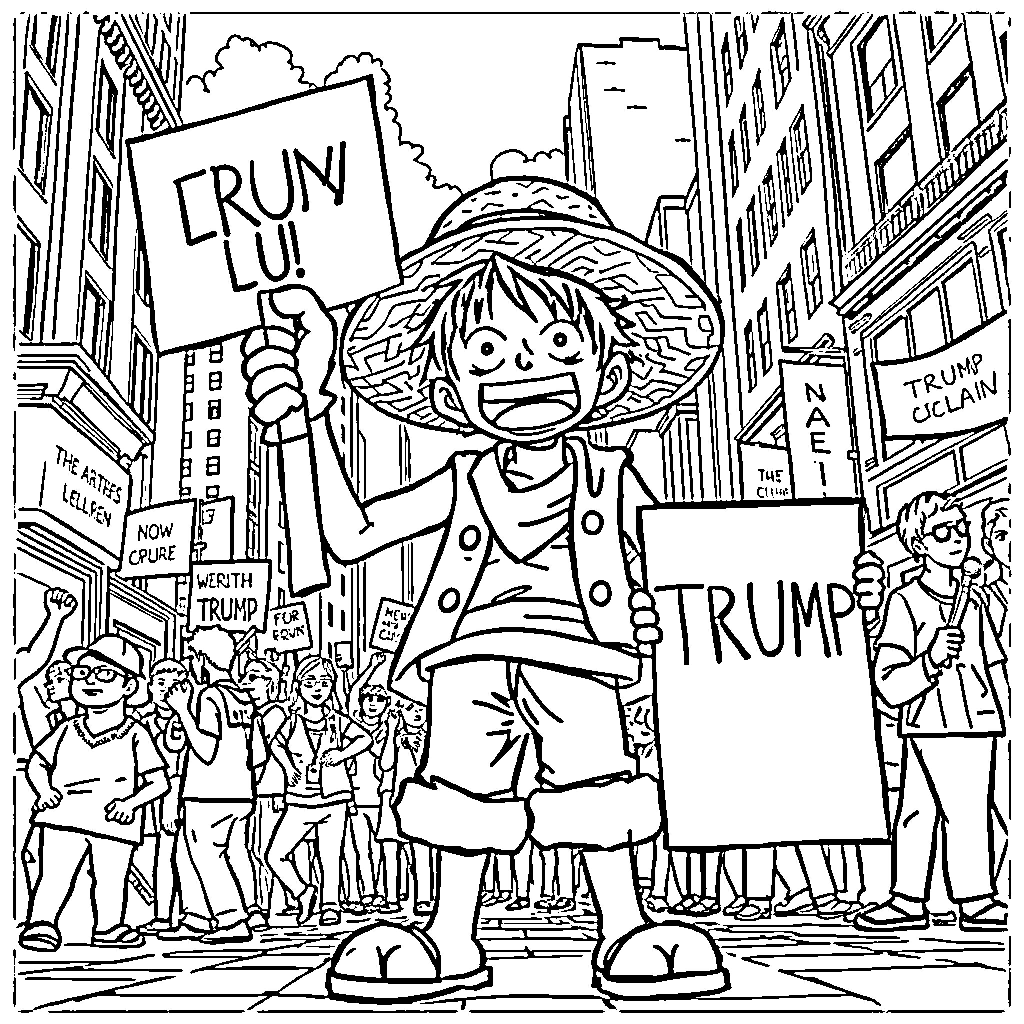 Luffy rallying a crowd in a bustling city Coloring Page (free black-and-white line drawing printable PDF for all, from beginners to advanced learners, including children, teens, adults, and seniors)