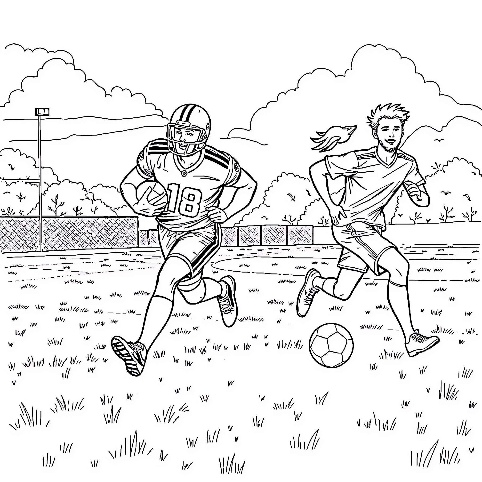Players engaged in competitive sports match on field Coloring Page (free black-and-white line drawing printable PDF for all, from beginners to advanced learners, including children, teens, adults, and seniors)